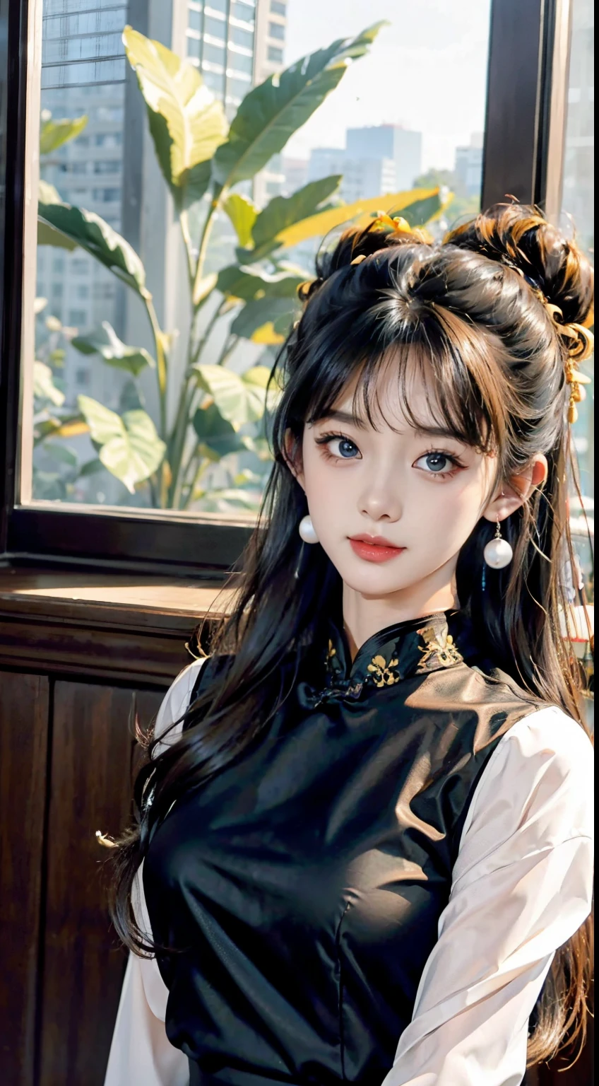 (8K, RAW photo, Photorealistic:1.25) ,( Gloss on lips, eyeslashes, gloss face, Glossy glossy skin, best qualtiy, 超高分辨率, depth of fields, color difference, Caustics, Wide light, naturalshadow, Kpop idol) Being in the room,European style,sitted,sliver long hair,White cheongsam,Red trim,Medium chest detail,8K resolution,超高分辨率,A young girl, A cute girl,short detailed hair,hair-bun,lipsticks,Tassel earrings,choker necklace,Black clear eyes,Smooth hair,鎖骨,Exquisite and perfect facial features, the most beautiful big eyes,Long eyelashes,The eyes are sweet and there are lying silkworms,dynamic angle,Extreme picture quality,Highest precision,Precise and perfect human anatomy,(((Antique tulle black Hanfu,gold embroidery))),((sitted)),Warm scene,超高分辨率,Ultra-clear vintage black flowing hair,Delicate bun)By bangs,(Long flowing hair,With a bun:1.3)),Delicate collarbones,beautiful make up,Exquisite and perfect facial features,,Big watery eyes,Lying silkworm,Long eyelashes,The eyes are sweet and have eye shadow,Slim waist,Do not show your hands,,lipsticks,Blushlush,Delicate earring earrings,pearls necklace