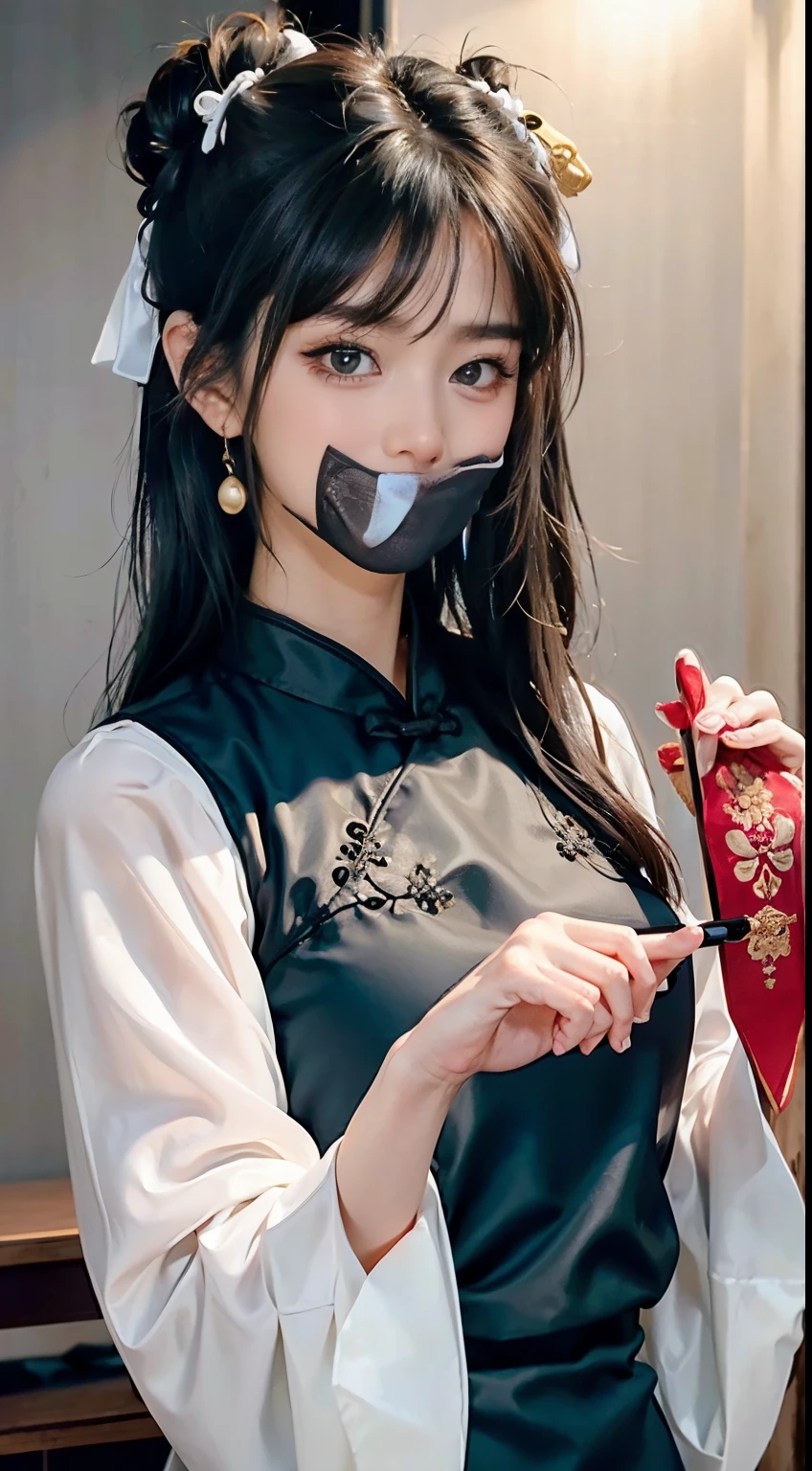 (8K, RAW photo, Photorealistic:1.25) ,( Gloss on lips, eyeslashes, gloss face, Glossy glossy skin, best qualtiy, 超高分辨率, depth of fields, color difference, Caustics, Wide light, naturalshadow, Kpop idol) Being in the room,European style,sitted,sliver long hair,White cheongsam,Red trim,Medium chest detail,8K resolution,超高分辨率,A young girl, A cute girl,short detailed hair,hair-bun,lipsticks,Tassel earrings,choker necklace,Black clear eyes,Smooth hair,鎖骨,Exquisite and perfect facial features, the most beautiful big eyes,Long eyelashes,The eyes are sweet and there are lying silkworms,dynamic angle,Extreme picture quality,Highest precision,Precise and perfect human anatomy,(((Antique tulle black Hanfu,gold embroidery))),((sitted)),Warm scene,超高分辨率,Ultra-clear vintage black flowing hair,Delicate bun)By bangs,(Long flowing hair,With a bun:1.3)),Delicate collarbones,beautiful make up,Exquisite and perfect facial features,,Big watery eyes,Lying silkworm,Long eyelashes,The eyes are sweet and have eye shadow,Slim waist,Do not show your hands,,lipsticks,Blushlush,Delicate earring earrings,pearls necklace
