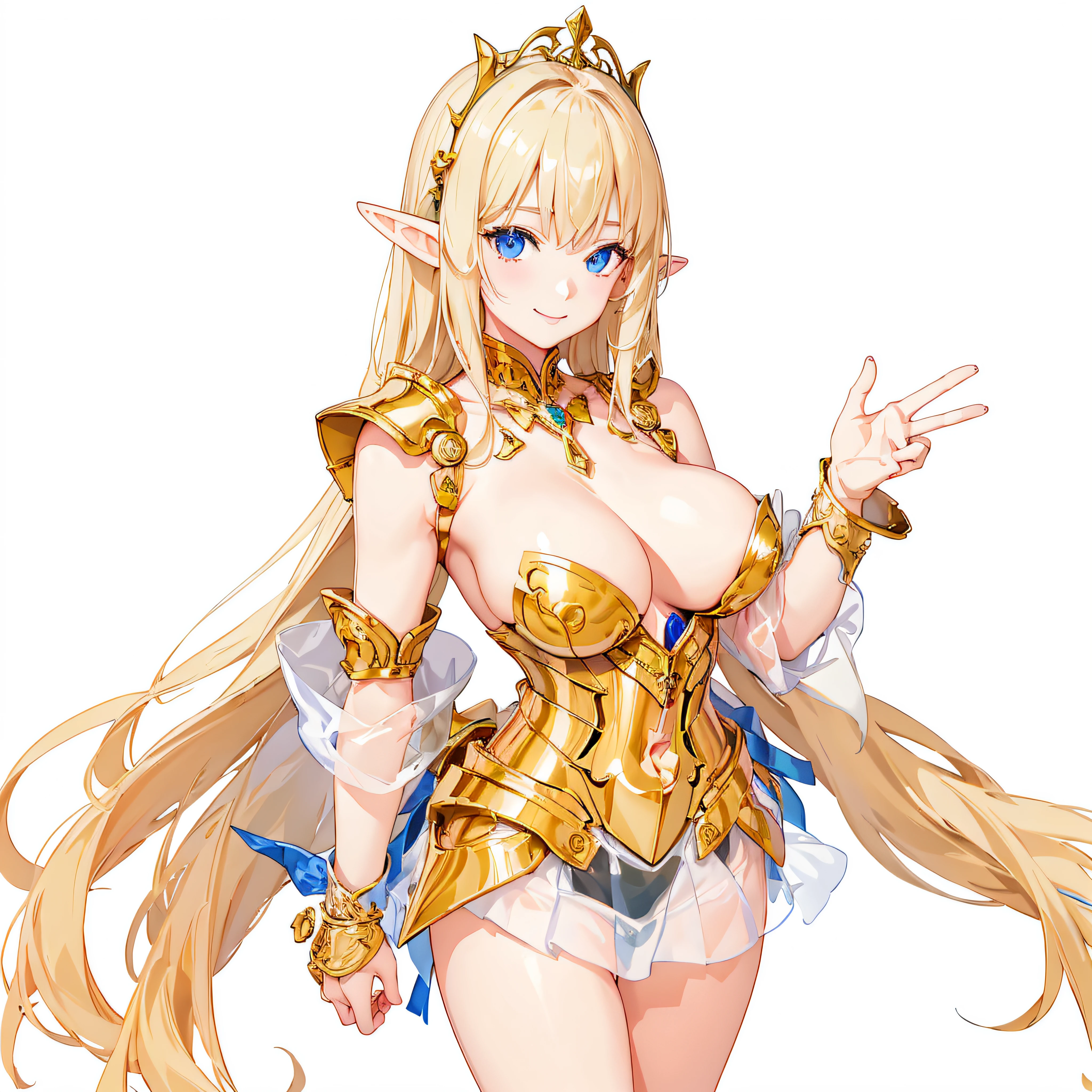 masterpiece、top-quality、ighly detailed、hight resolution、16k、fullnude、teats、Boob proportions、golden armour、Very thin skirt、Black pants、Full body like、Very white skin、Beautiful fingers、Anime girl with very big breasts posing naked、Perfect Style、elvish、no-bra、Blonde blue-eyed、A smile、An elf girl