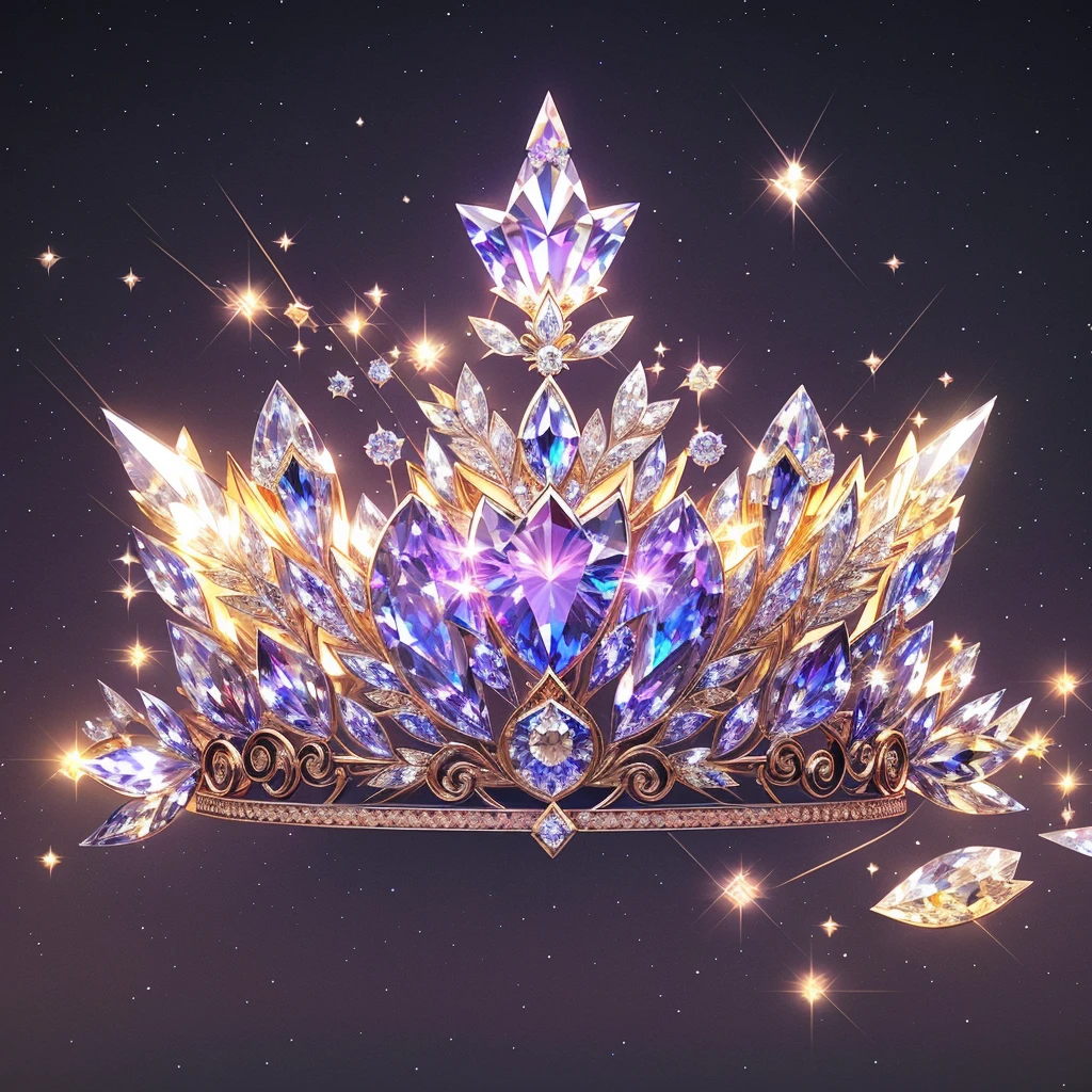 Diamond Crystal Jewel Crown icon, Phoenix Element, Gold with colored diamonds, Sailor Moon style, Gorgeous crown,ui design,Diamond crystal, Intricate headwear,Brilliant and elegant,minimalist luminous, white background, isometric Ul interface with 3d elements, 3d rendering, hologram, high detail, gad rays, c4d, 8k，