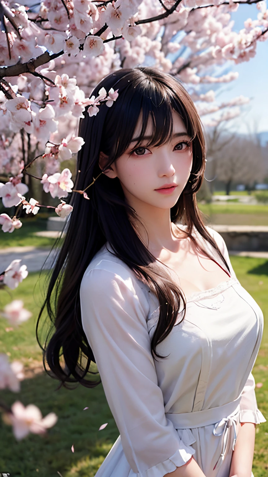 ((100% human realistic, 3d human realistic, best quality, masterpiece, full capturing picture, detailed)), A handsome man with a wolfcut hairstyle and perfectly sculpted features stands amidst pretty Japanese womenwith long, wavy white-dyed hair, surrounded by beautiful blooming sakura trees. In this full body, Ultra-HD, best quality masterpiece, every detail is captivatingly realistic. His chiseled jawline, deep-set eyes, and symmetrically designed facial structure radiate an air of handsomeness. She, with a warm smile, hugs him tightly while wearing a simple white tank top and short, faded blue jeans. Her long waves cascade
