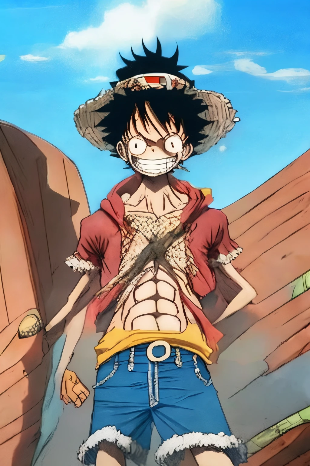 Monkey D. Luffy, a pirate in a straw hat, cruising in a ship flying in the sky