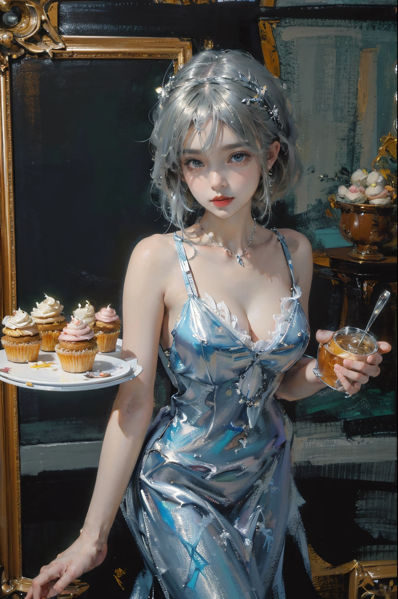 tmasterpiece, The is very detailed, (Chibi:1.3), , (1个Giant Breast Girl), Blonde hair, pastelcolor, comfortable atmosphere, Dessert display case, macaron, Cupcakes, pastie, Cupcakes, coffee machines, Blackboard menu, natural  lightting, Glass jars filled with candy, Frosted window glass, Decorative panels, Whimsical decoration, Sugar carving, 8K, k hd, 详细的脸, 詳細な目，hyper realisitc, + Cinema lenses + dynamic compositions, The is very detailed, Sharpen, Cinematic, warmly lit, Light effect, Dramatic light, (Complicated details:1.1), the complex background, (greg rutkovsky:0.8), (cyan and orange:0.4），Correct anatomy，(Fechin Oil Painting - Fechin Oil Painting , oil painted), 0