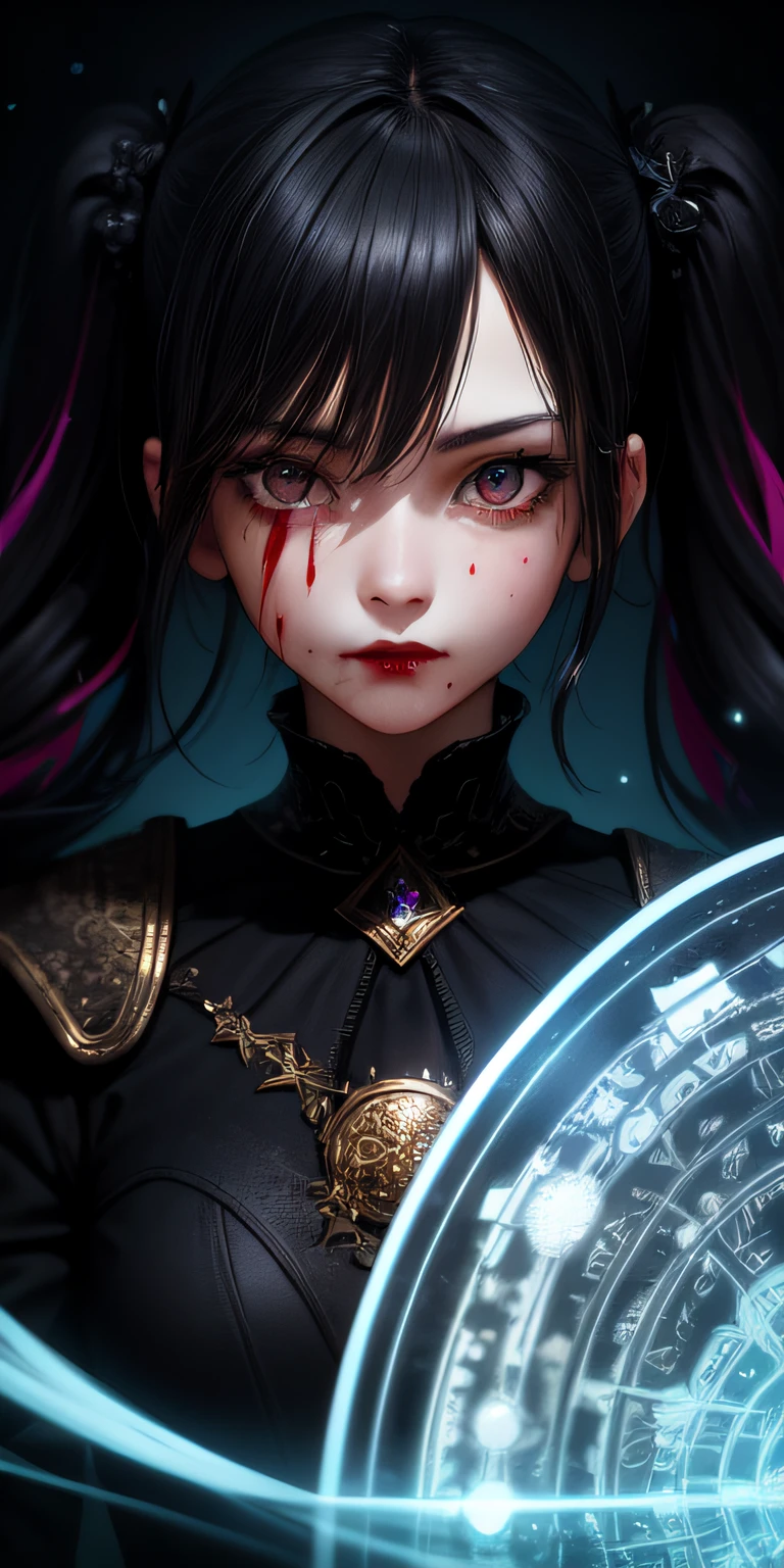 (Masterpiece: 1.2, highest quality), (Detailed Beautiful Eyes: 1.2), (Detailed Background, Dark Fantasy), (Beautiful Detailed Face), High Contrast, (Best Lighting, Very Delicate and Beautiful), (Cinematic Light)), Colorful, Hyper Detail, Dramatic Light, Intricate Detail, (Single Girl, Solo,Black Hair, Sharp Face, Low Twin Tails, Red Eyes, Hair Between Eyes, Dynamic Angle), (Blood Splash: 1.4), swirling black light around character, depth of field, black light particles, (glass shards), magic circle,