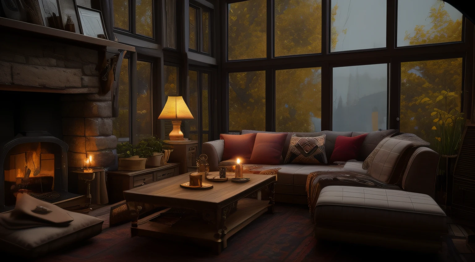 Alafid living room with sofa, tea table, and fireplace, Comfortable and peaceful atmosphere, welcoming living room, Warm living room background, cozy environment, Moody atmosphere, cozy place, cozy living room, cosy atmoshpere, cozy living room interior, Cozy atmosphere, Warm home background, unreal engine realistic render, Brown ambient lighting, Comfortable atmosphere with wind and rain outside the window