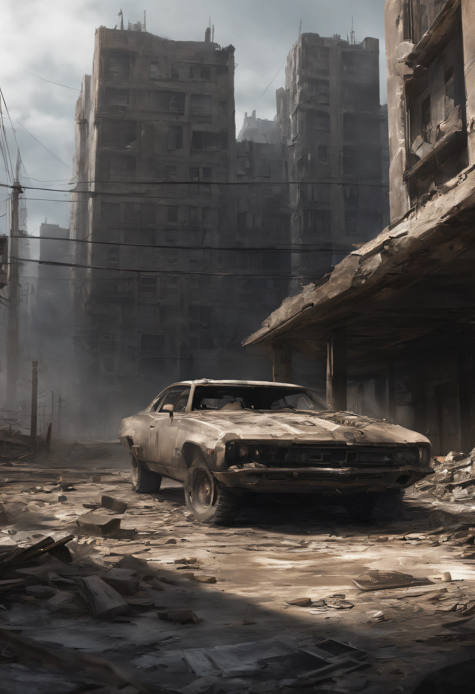 Create a dystopian masterpiece，Depict a destroyed futuristic cityscape in a gritty game concept art style. The artwork is、Must evoke a sense of futuristic desolation and despair, Post-apocalyptic world. Keep an eye out for details, Sharp Focus, And a very detailed description of the abandoned city. Get inspired by the artistic styles of Wayne Barlow and Zdislav Bekszynski. Distribute this image in video display format, Show us the desolate beauty of this decaying world.