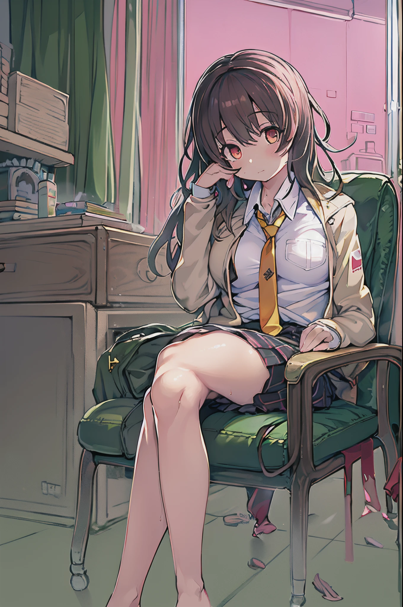 Katoumegumi, Megumi Katou, Brown Hair, short hair, (Brown eyes:1.5),happy smile, smile, Open your mouth, Red Tank Top Shirt,White long skirt,Black pantyhose,Stiletto heels,Open your mouth,sitting cross-legged on a chair,There is a computer and food on the table,interior,whole bodyがイラストに入るように,
break looking at viewer,whole body,
break indoors, office,
break (masterpiece:1.2), Highest quality, High resolution, unity 8k wallpaper, (shape:0.8), (Beautiful and beautiful eyes:1.6), Highly detailed face, Perfect lighting, Extremely detailed CG, (Perfect hands, Perfect Anatomy),