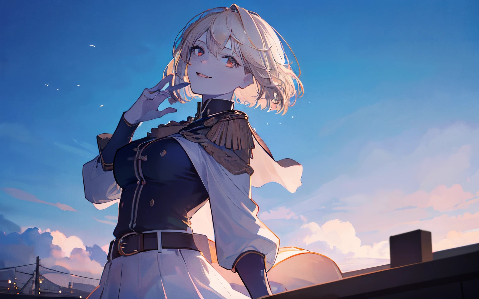 1 girl in, White one-piece military uniform, (masutepiece:1.2, Best Quality), (finely detailed beautiful eye: 1.2), (beautifull detailed face), High contrast, (Best Illumination, extremely delicate and beautiful), ((Cinematic Light)), Dramatic light, Intricate details, dark orange eyes, Small boods, Belt under boobs, White military uniform, White skirt,blonde  hair, Wolf cut hair, accurate hands, Look at me and smile, ruddy skin, sky,