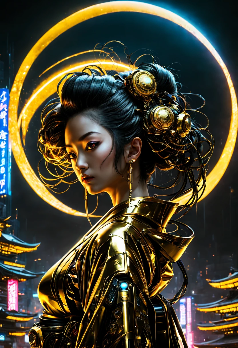 (Cyberpunk style), A Japanese Lady,Kimono that shines in gold, __quiron/generic__, Neon light, rampage, cybernetic enhancements, Futuristic, scifi, Science fiction, epicd, AI, A huge moon in the sky, Metal, wires, tech, Futuristic, Highly detailed