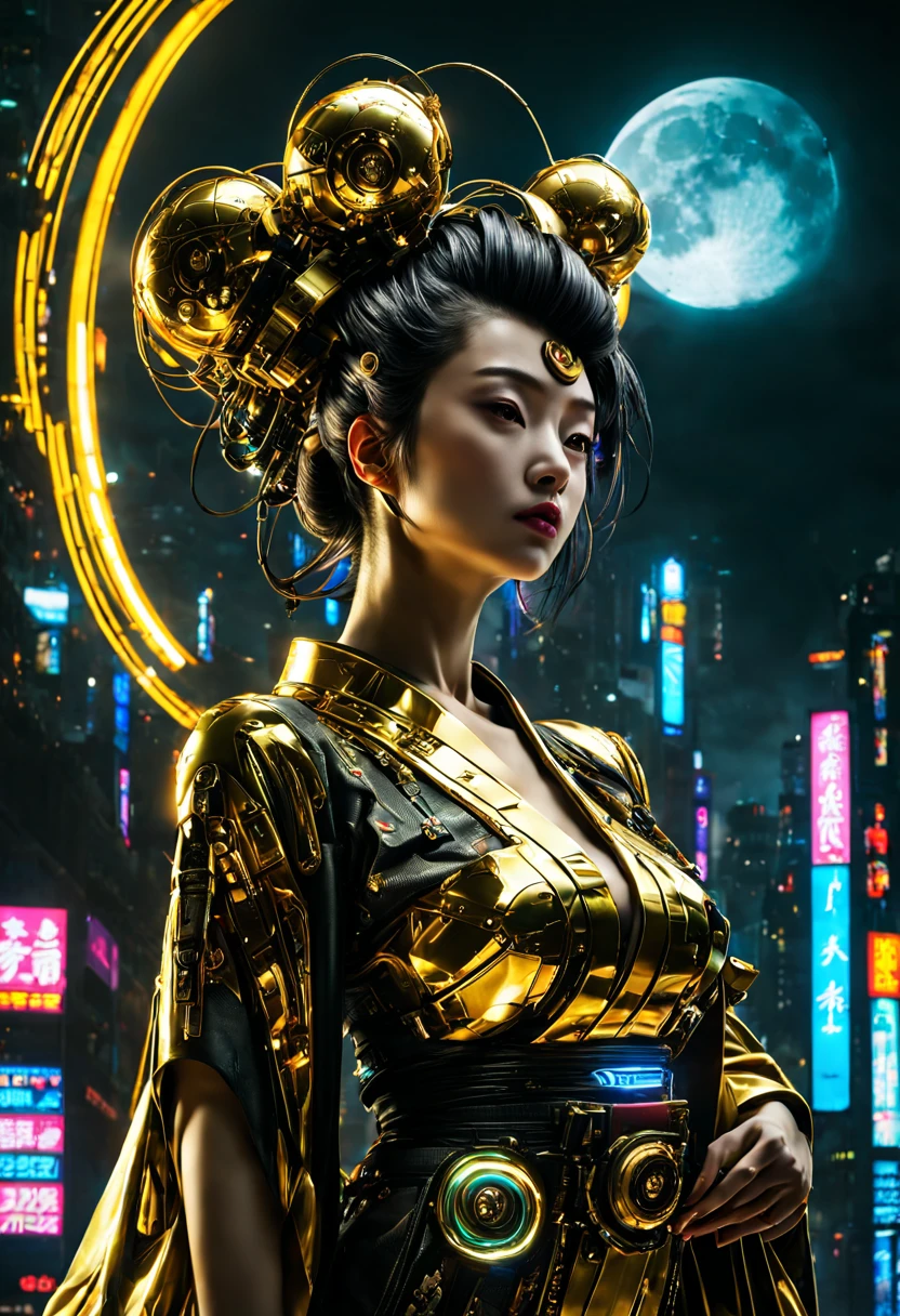 (Cyberpunk style), A Japanese Lady,Kimono that shines in gold, __quiron/generic__, Neon light, rampage, cybernetic enhancements, Futuristic, scifi, Science fiction, epicd, AI, A huge moon in the sky, Metal, wires, tech, Futuristic, Highly detailed