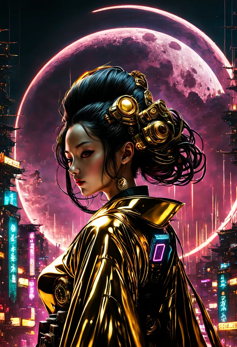 (Cyberpunk style), A Japanese Lady,Kimono that shines in gold, __quiron/generic__, Neon light, rampage, cybernetic enhancements, Futuristic, scifi, Science fiction, epicd, AI, A huge moon in the sky, Metal, wires, tech, Futuristic, Highly detailed