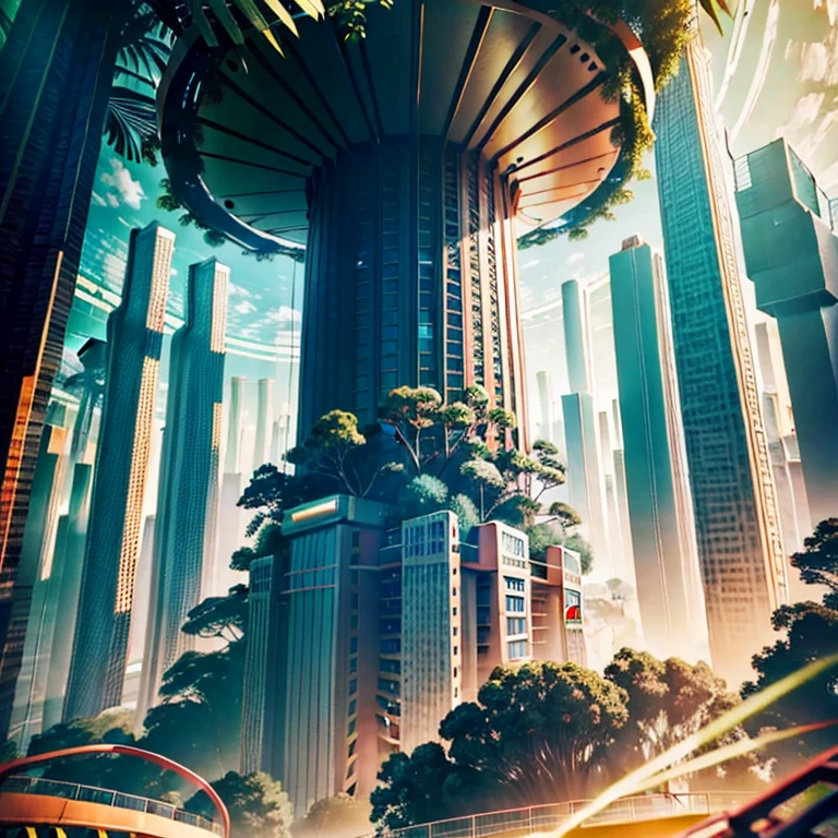 deep jungle AND sky scrapers, loop, infinity, be deep, dynamic angle, stereoscopic effect, multiple layers, best quality, 8K, uhd, 3D render, otherworld, futuristic, round architectures, fictional materials, multiple floating vehicles, elevated roads, drones, solar powered