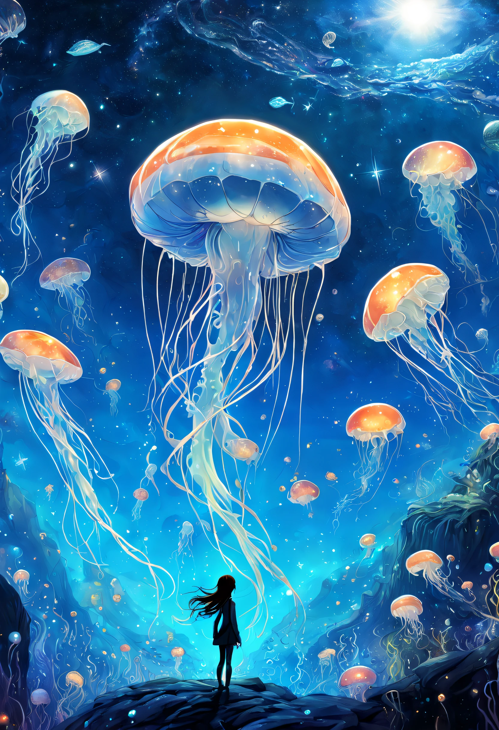 1girl in,Arien_Fighty Tail,Fantastic world,Jellyfish,starry sky under the sea,