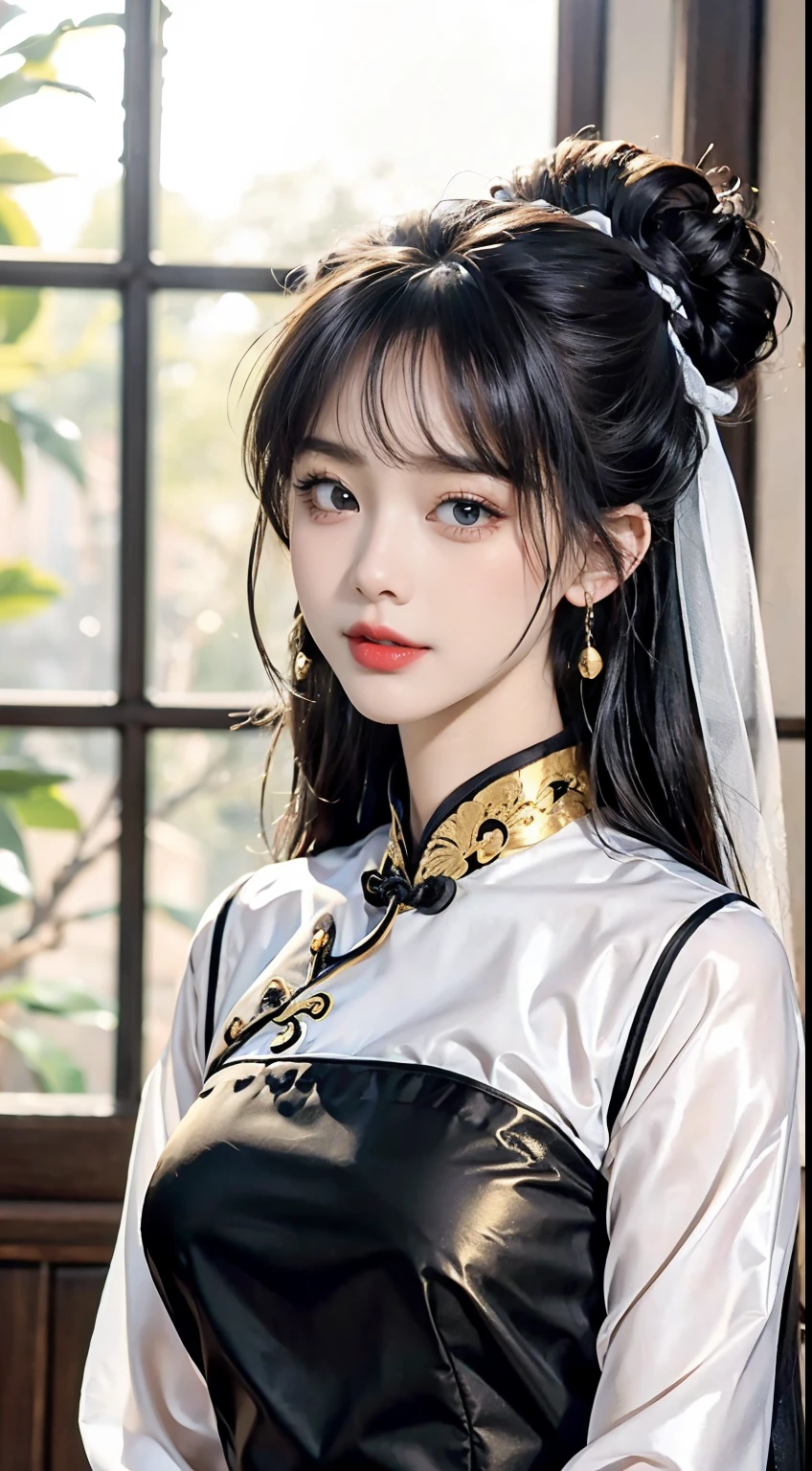 (8K, RAW photo, Photorealistic:1.25) ,( Gloss on lips, eyeslashes, gloss face, Glossy glossy skin, best qualtiy, 超高分辨率, depth of fields, color difference, Caustics, Wide light, naturalshadow, Kpop idol) Being in the room,European style,sitted,sliver long hair,White cheongsam,Red trim,Medium chest detail,8K resolution,超高分辨率,A young girl, A cute girl,short detailed hair,hair-bun,lipsticks,Tassel earrings,choker necklace,Black clear eyes,Smooth hair,鎖骨,Exquisite and perfect facial features, the most beautiful big eyes,Long eyelashes,The eyes are sweet and there are lying silkworms,dynamic angle,Extreme picture quality,Highest precision,Precise and perfect human anatomy,(((Antique tulle black Hanfu,gold embroidery))),((sitted)),Warm scene,超高分辨率,Ultra-clear vintage black flowing hair,Delicate bun)By bangs,(Long flowing hair,With a bun:1.3)),Delicate collarbones,beautiful make up,Exquisite and perfect facial features,,Big watery eyes,Lying silkworm,Long eyelashes,The eyes are sweet and have eye shadow,Slim waist,Do not show your hands,,lipsticks,Blushlush,Delicate earring earrings,pearls necklace