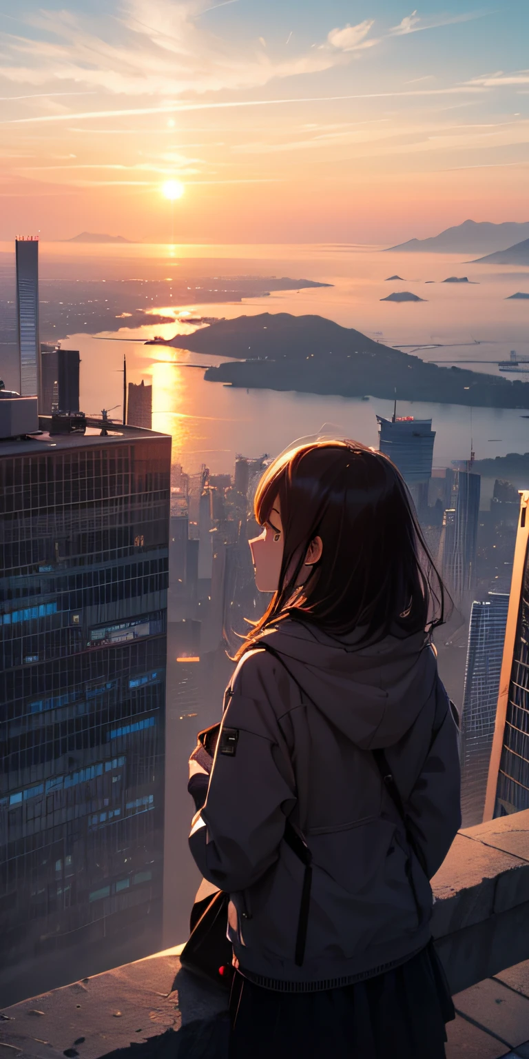 Vast landscape photos、From the summit、thick mist、Nice、Girl staring at the city in the skyscrapers below、The sunset is beautiful、Nice