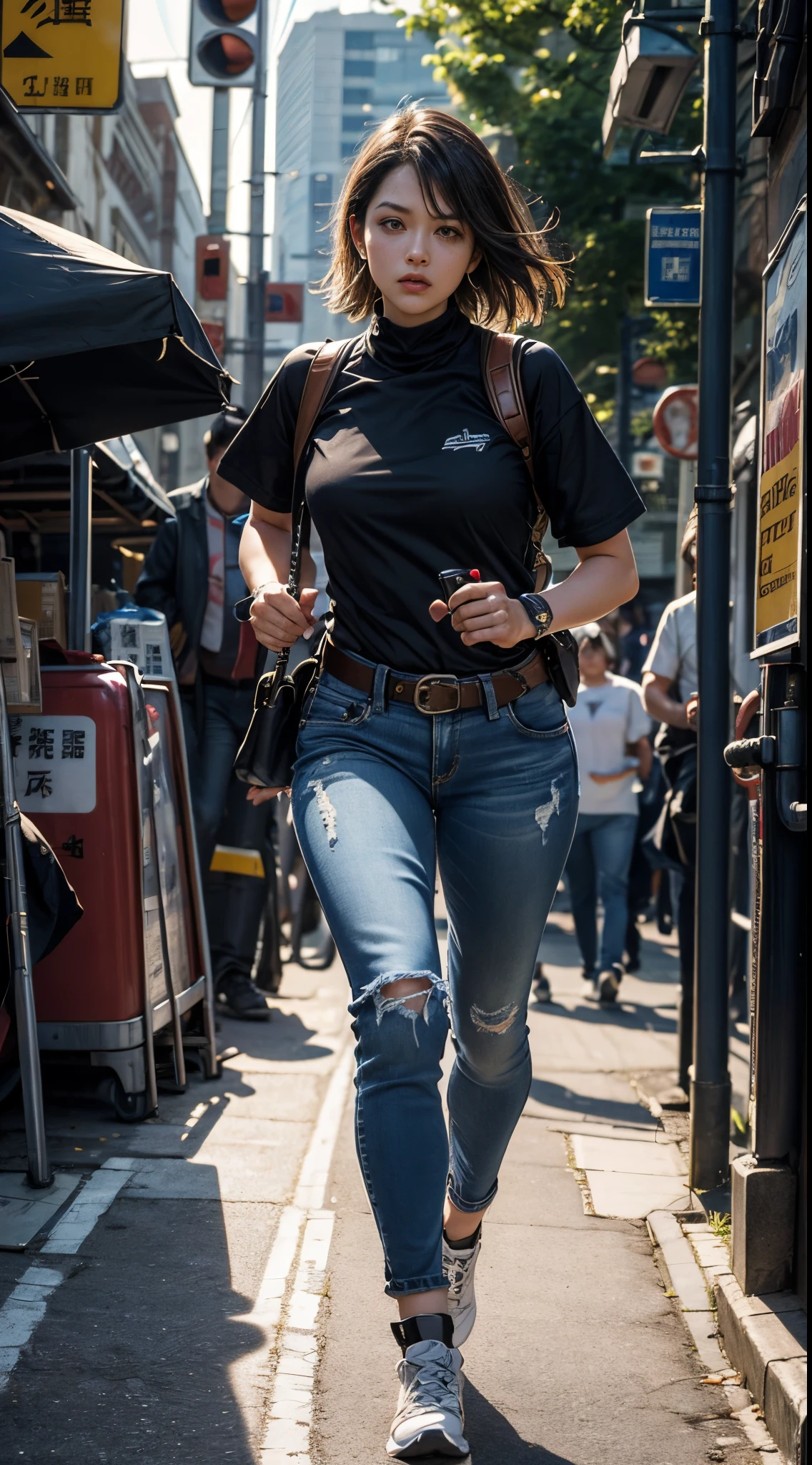 k, top-quality, （pubic hair beauty）、hight resolution, 逼真, realperson, the met、(((Female Detective)))、chasing the criminal、((Desperate face))、Running、Sweat flows、Leather Jean、jeans、pistols、shotgun