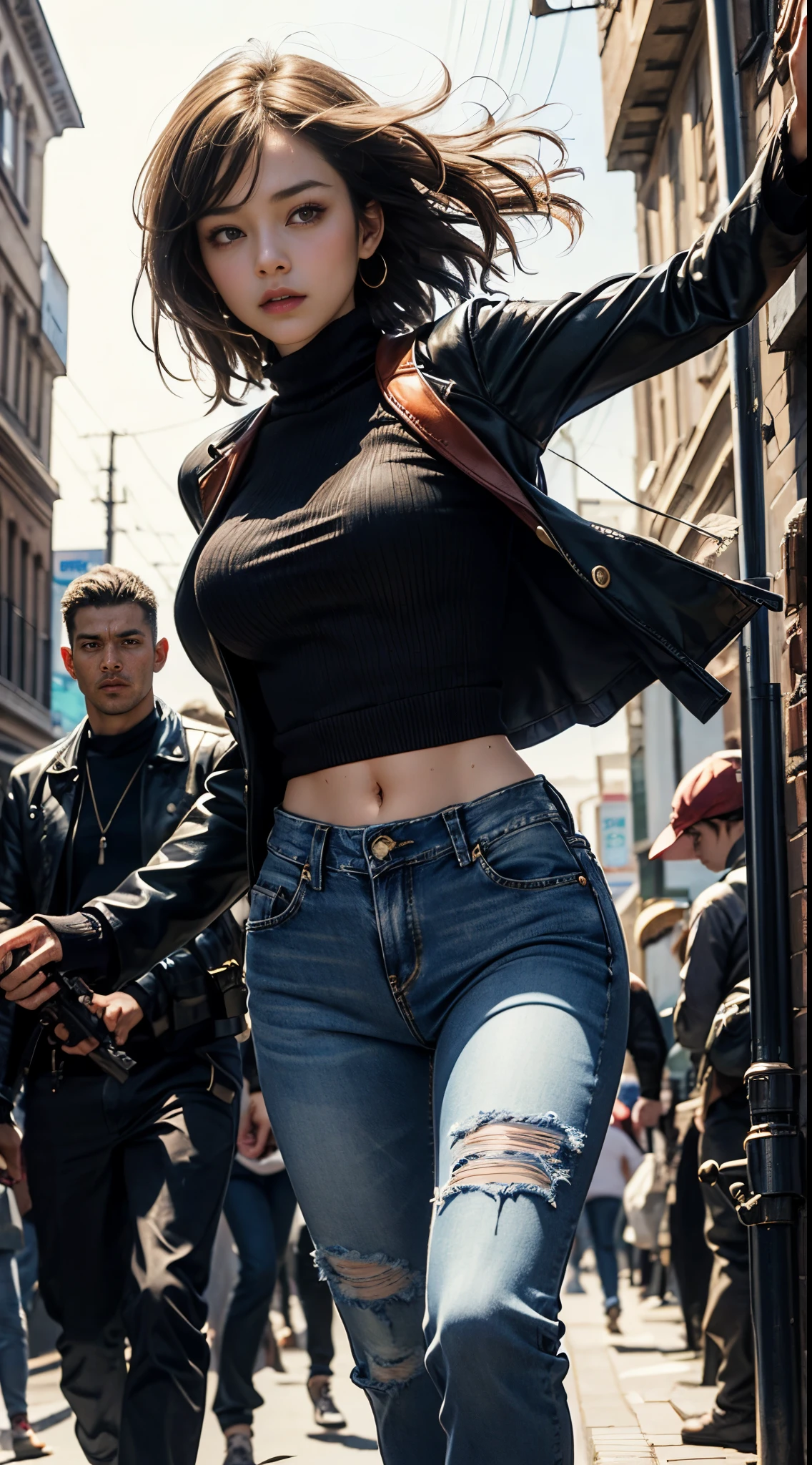 k, top-quality, (pubic hair beauty)、hight resolution, 逼真, realperson, the met、(((Female Detective)))、chasing the criminal、((Desperate face))、Running、Sweat flows、Leather Jean、jeans、pistols、shotgun