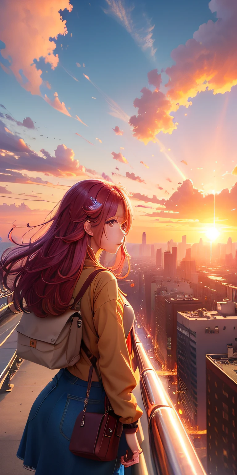 realisitic,A vast city spreads out、The sun is about to set、The sunset is beautiful、Horizon,Red sky、Giant cumulonimbus clouds,Vibrant colors、Girl watching from a building in the distance