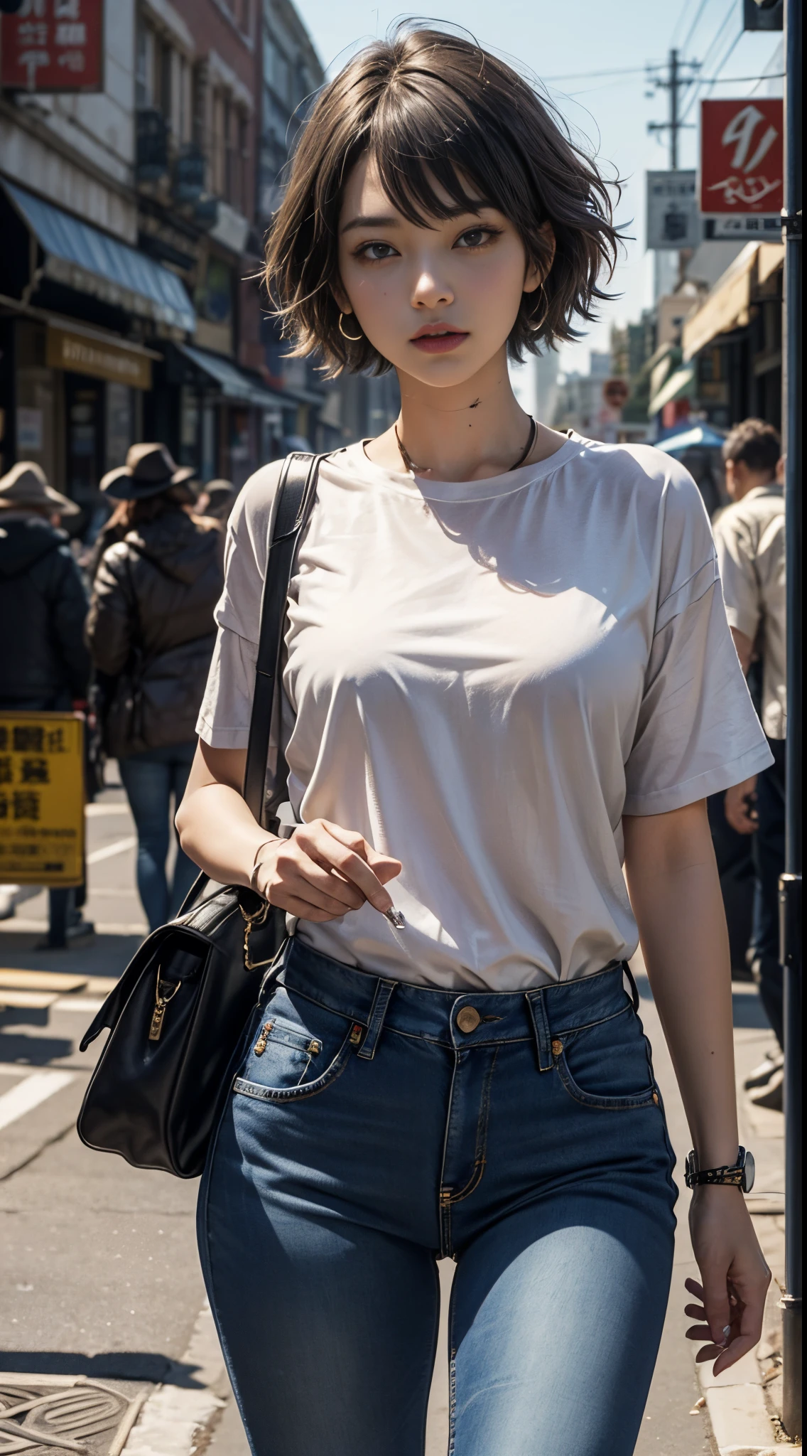 k, top-quality, (pubic hair beauty)、hight resolution, 逼真, realperson, the met、(((Female Detective)))、chasing the criminal、((Desperate face))、Running、Sweat flows、Leather Jean、jeans、pistols、shotgun