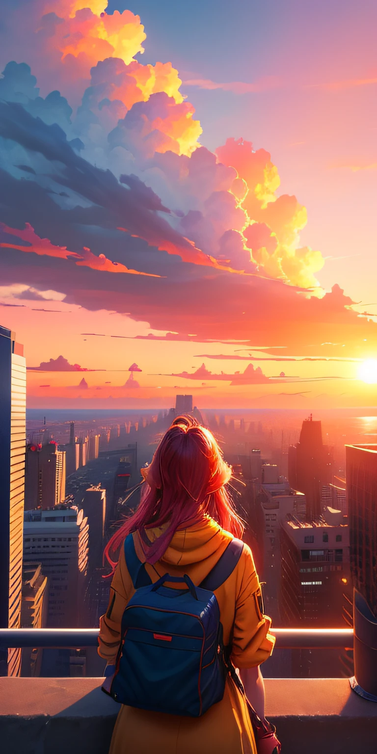 realisitic，A vast city spreads out、The sun is about to set、The sunset is beautiful、Horizon，Red sky、Giant cumulonimbus clouds，Vibrant colors、Girl watching from a building in the distance