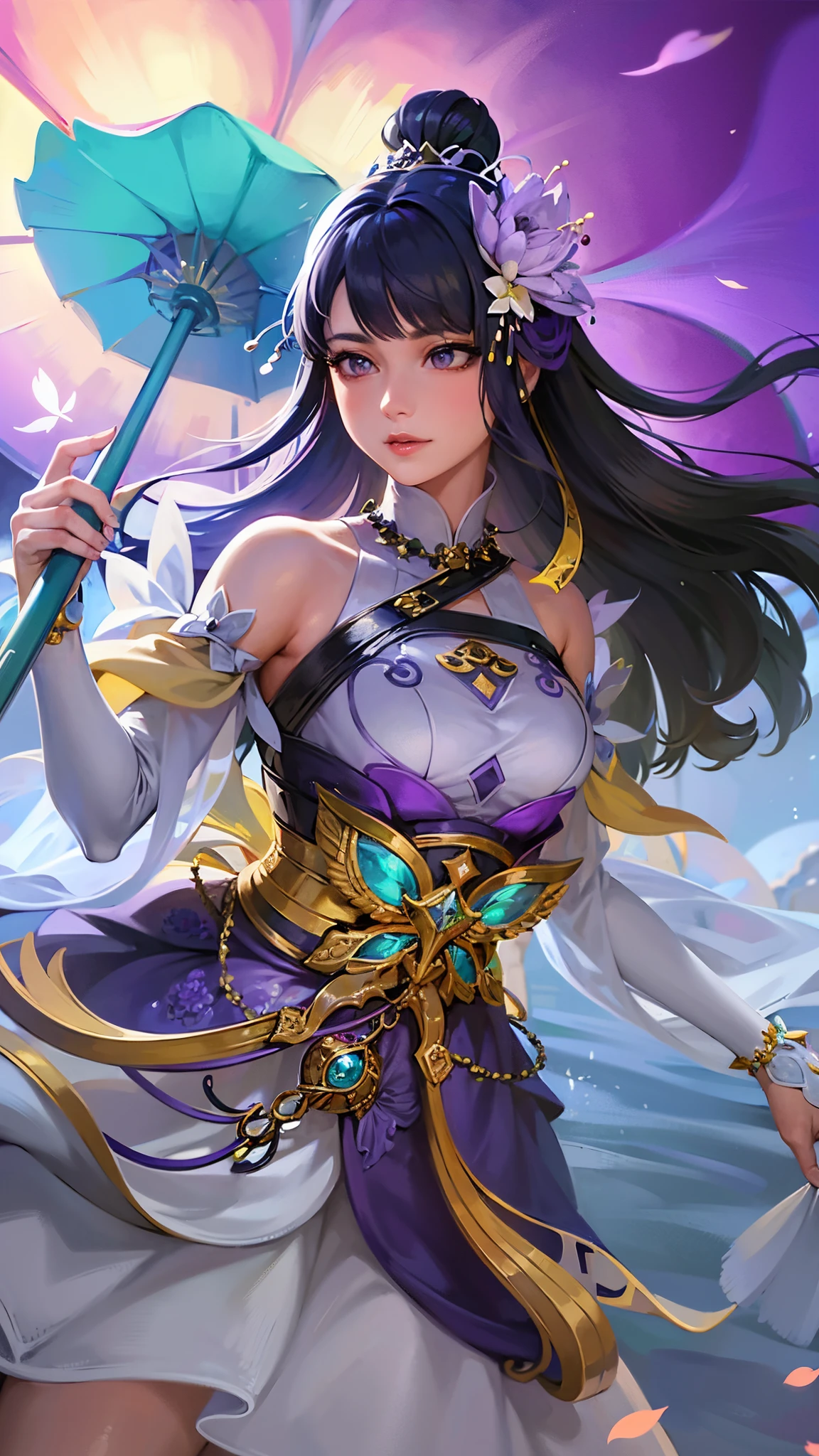 a girl who is holding an umbrella shaped like a purple water lily flower, with a purple dress and shaped like a water lily dress and a little gold silver, also with colored black, also has decorations with a Water lily theme.