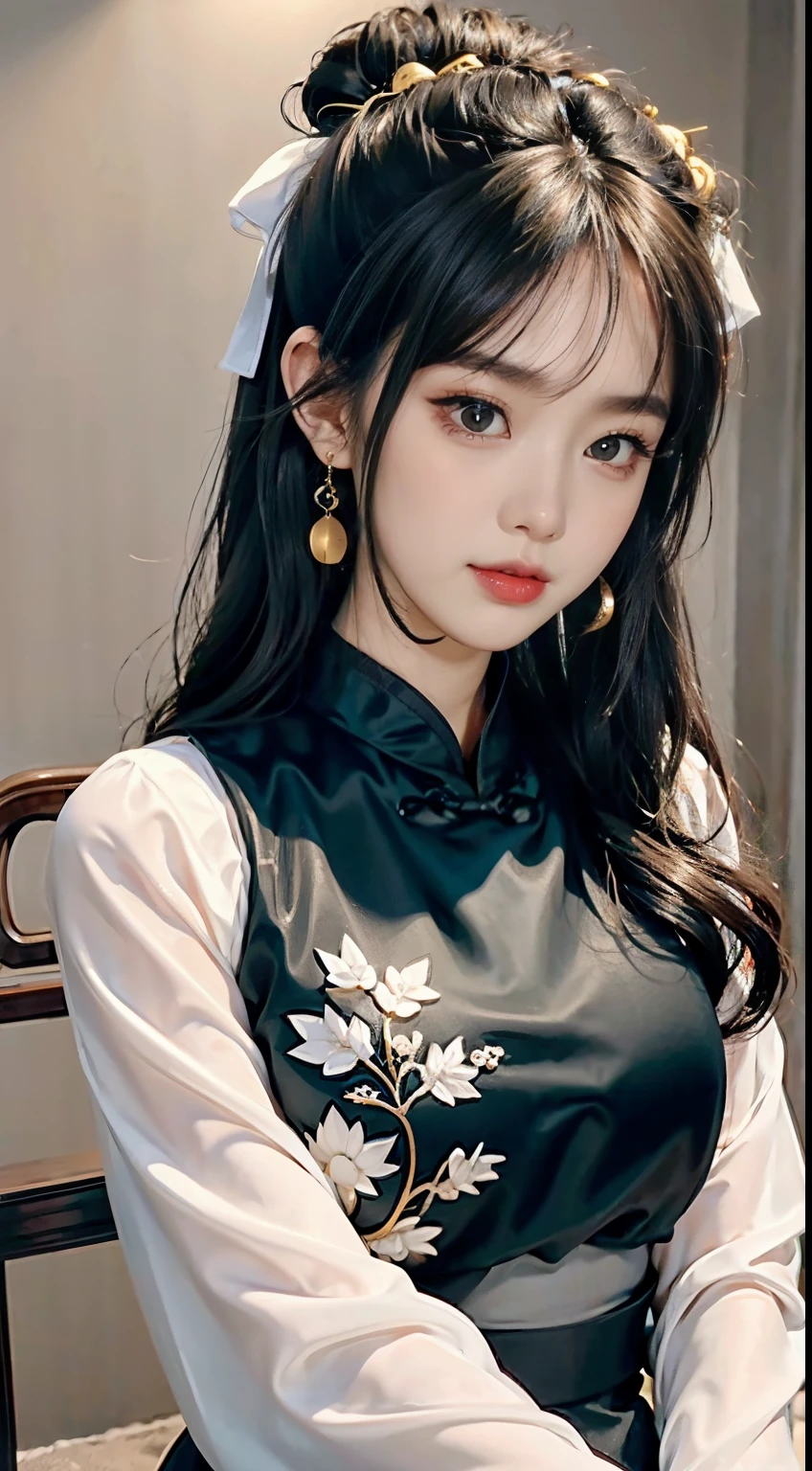 (8K, RAW photo, Photorealistic:1.25) ,( Gloss on lips, eyeslashes, gloss face, Glossy glossy skin, best qualtiy, 超高分辨率, depth of fields, color difference, Caustics, Wide light, naturalshadow, Kpop idol) Being in the room,European style,sitted,sliver long hair,White cheongsam,Red trim,Medium chest detail,8K resolution,超高分辨率,A young girl, A cute girl,short detailed hair,hair-bun,lipsticks,Tassel earrings,choker necklace,Black clear eyes,Smooth hair,鎖骨,Exquisite and perfect facial features, the most beautiful big eyes,Long eyelashes,The eyes are sweet and there are lying silkworms,dynamic angle,Extreme picture quality,Highest precision,Precise and perfect human anatomy,(((Antique tulle black Hanfu,gold embroidery))),((sitted)),Warm scene,超高分辨率,Ultra-clear vintage black flowing hair,Delicate bun)By bangs,(Long flowing hair,With a bun:1.3)),Delicate collarbones,beautiful make up,Exquisite and perfect facial features,,Big watery eyes,Lying silkworm,Long eyelashes,The eyes are sweet and have eye shadow,Slim waist,Do not show your hands,,lipsticks,Blushlush,Delicate earring earrings,pearls necklace