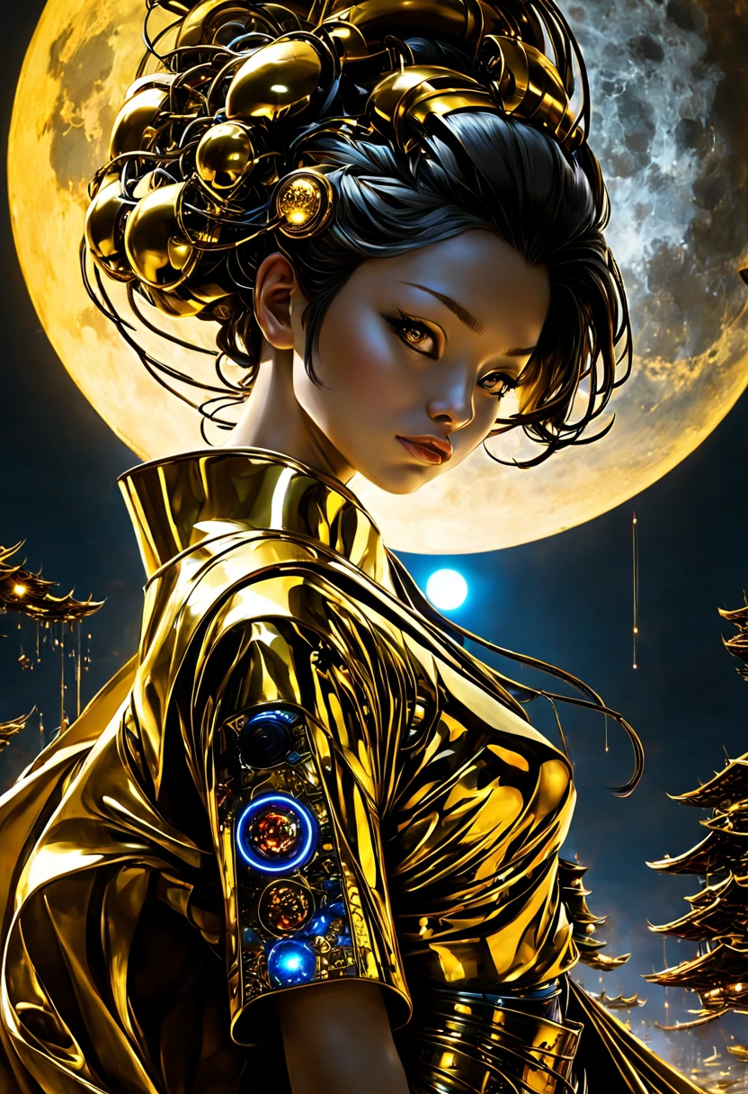 A Japanese Lady,Kimono that shines in gold, __quiron/generic__, Neon light, rampage, cybernetic enhancements, Futuristic, scifi, Science fiction, epicd, A huge moon in the sky, Metal, wires, tech, Futuristic, Highly detailed