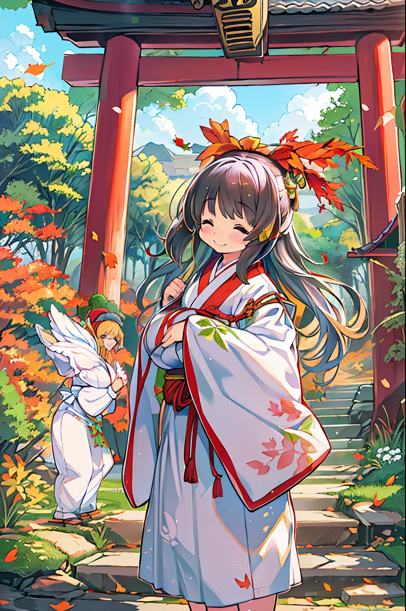 huge-breasted、kawaii、shrine maiden、Japan white clothes,Red Hakama、torii gate,((Oblique angle))、{{close up to face}}、one eye closed、winking、A big smile、bbw、thick thight、big butts、Ultramammy,Chibi, autumn day,kaede、 Pines, Anime Background Art, japanese art style, beautiful anime scene, detailed scenery - width 672, Background art, Anime landscapes, Anime Background, Beautiful anime scenery, Beautiful peace scenes in anime, landscape artwork, Japan Village, Anime landscape concept art, 8K))、a lot of fallen leaves、