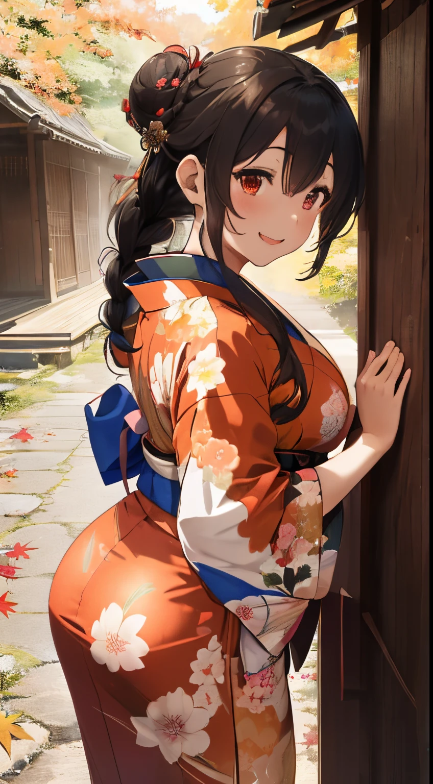 Autumn leaves lakeside,Beautiful lake reflecting light,her fluffy hair is tied up in a loose bun.,Braids,Braiding,Colorful and gorgeous kimono,The hem is long enough to reach the ground,Furisode,shuicolor,white,Pink,Dark green,an orange,A black,reddish,his cheeks are red with embarrassment,Disheveled kimono,The kimono has almost come off.,insertion,Standing Back,Place your hands on the wall and bend your hips,I can see your bare feet..,lean forward with your back turned.、stick out buttocks,Roll up the hem of the kimono and insert it.。 .,half-opened mouth,Tilt your head back and drool,My body writhes with pleasure,SEX,AHE Face,ecstacy,Smile on his face,I have white fluid on my chest,