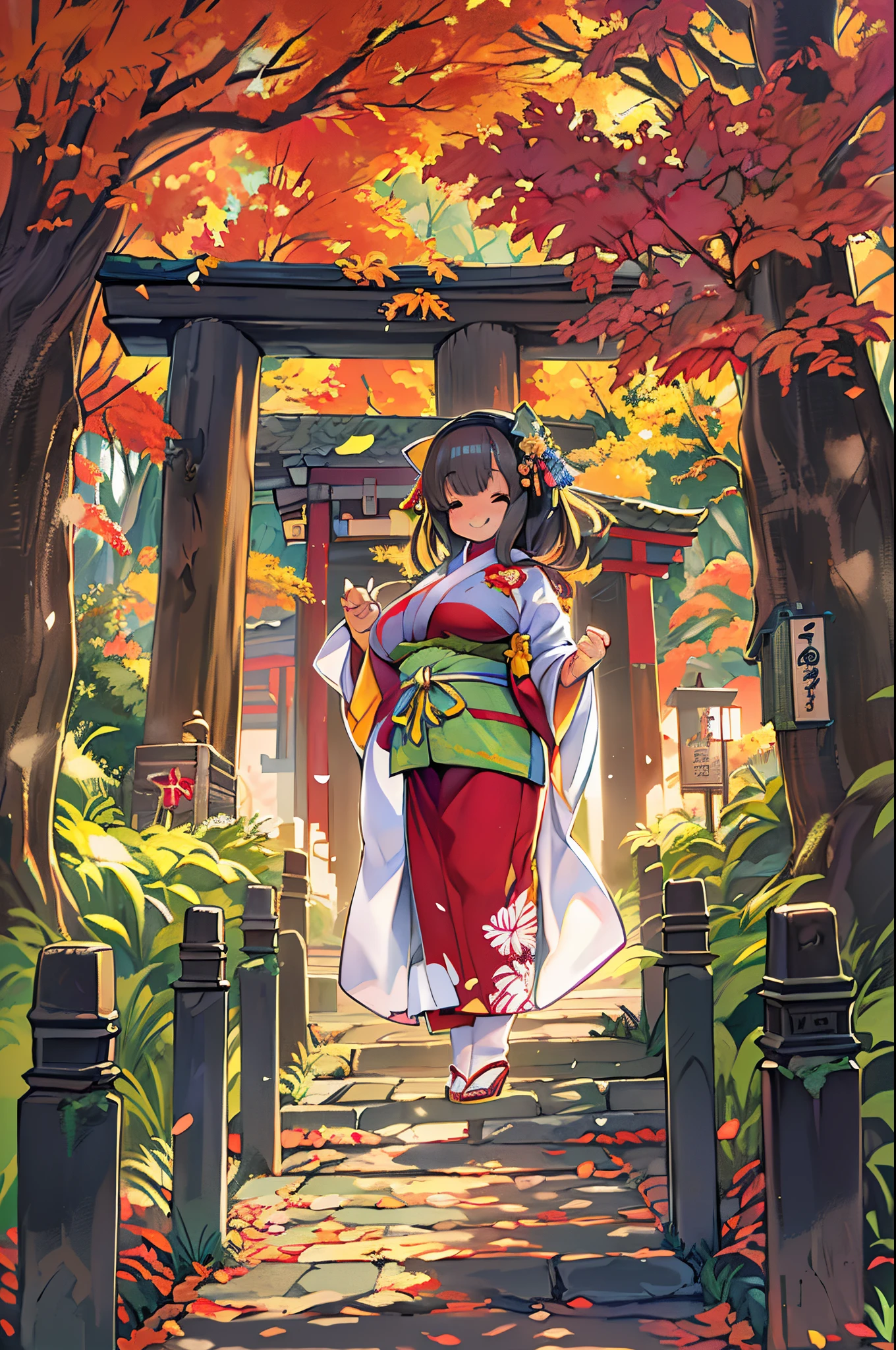 huge-breasted、kawaii、shrine maiden、Japan white clothes,Red Hakama、torii gate,((Oblique angle))、{{close up to face}}、one eye closed、winking、A big smile、bbw、thick thight、big butts、Ultramammy,Chibi, autumn day,kaede、 Pines, Anime Background Art, japanese art style, beautiful anime scene, detailed scenery - width 672, Background art, Anime landscapes, Anime Background, Beautiful anime scenery, Beautiful peace scenes in anime, landscape artwork, Japan Village, Anime landscape concept art, 8K))、a lot of fallen leaves、