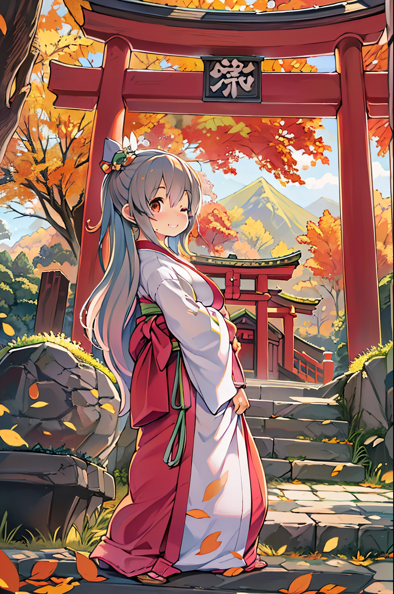 huge-breasted、kawaii、shrine maiden、Japan white clothes,Red Hakama、torii gate,((Oblique angle))、{{close up to face}}、one eye closed、winking、A big smile、bbw、thick thight、big butts、Ultramammy,Chibi, autumn day,kaede、 Pines, Anime Background Art, japanese art style, beautiful anime scene, detailed scenery - width 672, Background art, Anime landscapes, Anime Background, Beautiful anime scenery, Beautiful peace scenes in anime, landscape artwork, Japan Village, Anime landscape concept art, 8K))、a lot of fallen leaves、