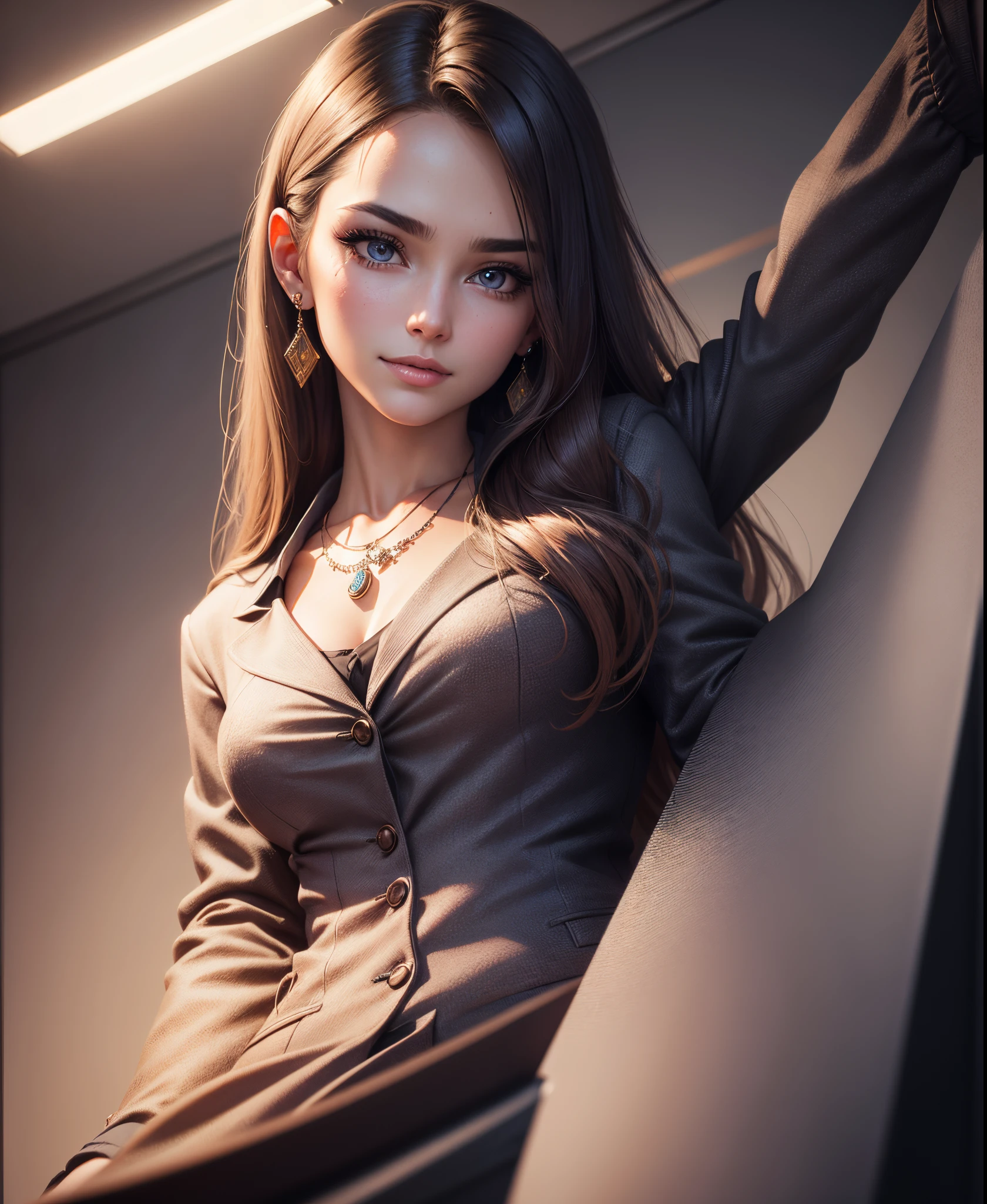face portrait of 1girl, light long hair, wearing a secretary suit, in an office, (slightly smiling), closeup, (makeup), earring, necklace, detailed eyes, limbal ring, (masterpiece, best quality, high quality), hyperdetailed, highres, high detail, intricate detail, HDR, 8k wallpaper, sharp focus, detailed background, realistic, photorealistic, perfect hands, realistic eyes, detailed skin texture, (blush:0.5), (goosebumps:0.5), subsurface scattering