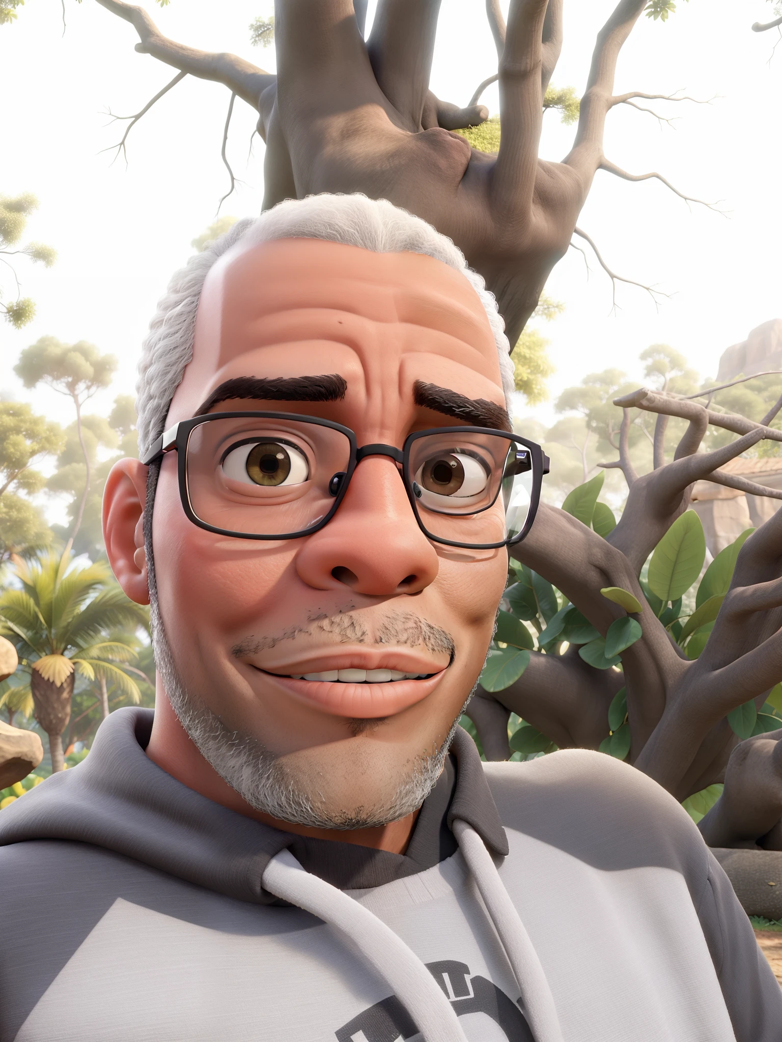 Obra-prima, de melhor qualidade, Black man with glasses, sem cabelo, sentado no parque
