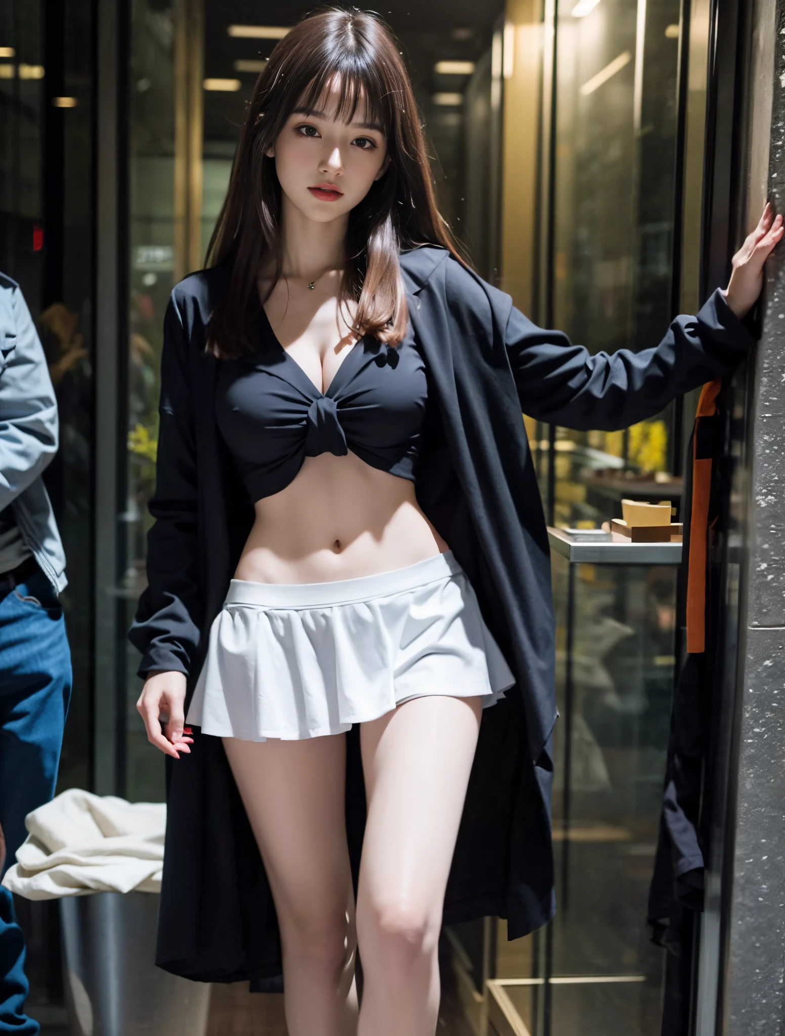 young girl, long hair realistic, vivid image, masterpiece, (best quality: 1.2), hyper detail, realistic, hd, high quality, cinematic light, ray tracing, ultra high resolution, uhd, (ultra lifelike: 1.5,), complex detail, detailed texture, fine detail, high quality shadows, beautiful skirt, full body, standing, panties walking, sexy pose, seductive pose, thin hips, long legs, small chest.