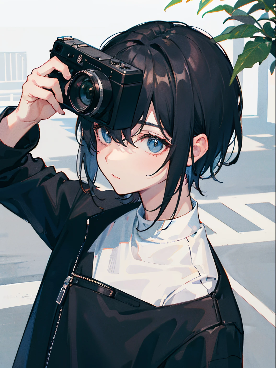 A man wearing a black jacket and white t-shirt is holding a camera to photograph natural scenery