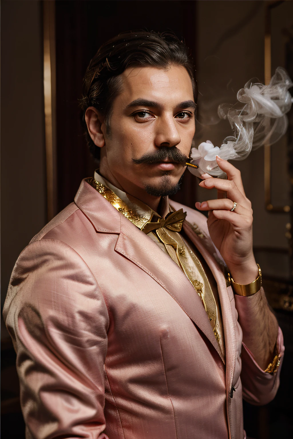 A Men King , pink & gold dress , Portrait , Mustache , Smoking Cigrette ,