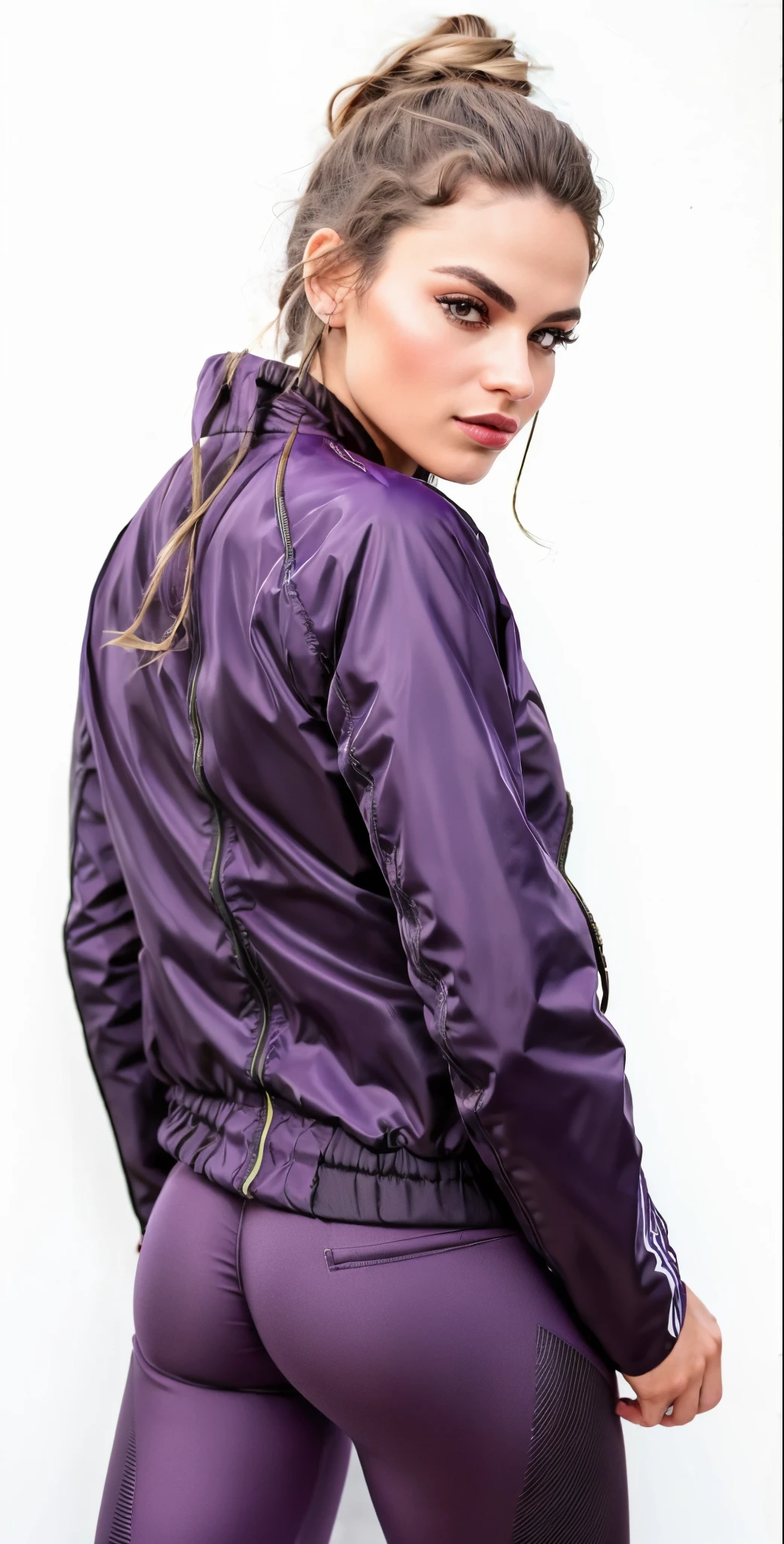 uma mulher com uma jaqueta roxa e leggings posando para uma foto, Purple jacket, capa de chuva roxa, jaqueta esportiva, roupas esportivas, Capa roxa escura, Valentina Embaralhamento, cabo grande, wearing jacket, record jacket, suit jacket, voltar - ver, vestindo terno de atletismo, Capa roxa, by Gina Pellón, roupas esportivas, Trem com quilombola, nublado