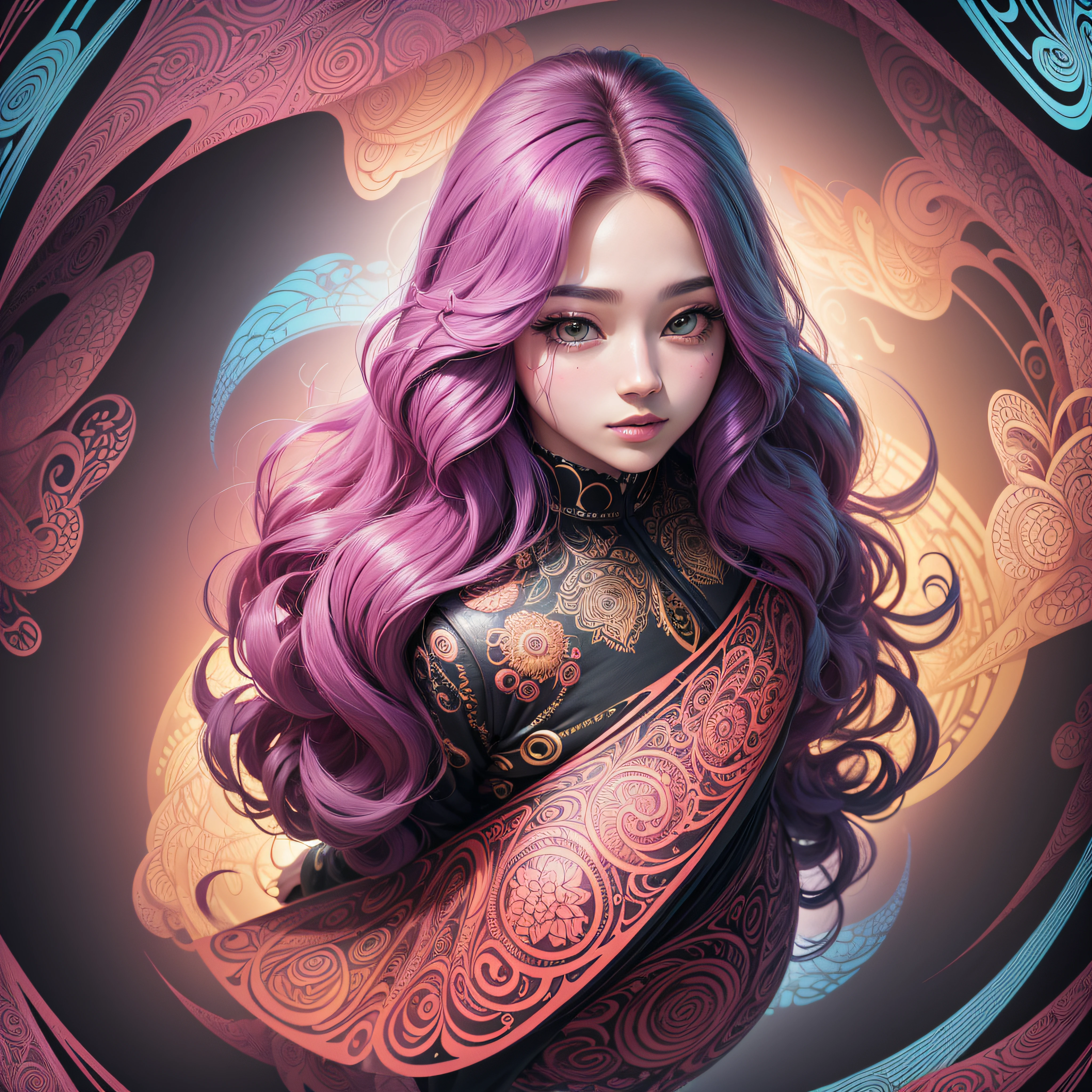 ((tmasterpiece:1.2, Best Quality)), Ultra-detailed, Ultra-precise imaging, Ultra high-definition images, (Zentangle:1.2), (dynamicposes), (Abstract background:1.5), Wavy long hair, rose hair, 1 Jisoo, colourfull, portrait of the, (From directly above:1.2)