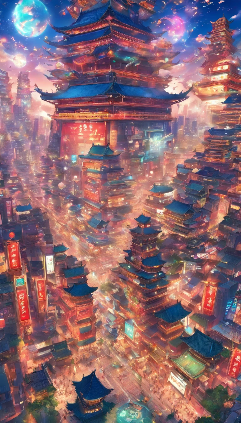 A large number of drones are flying over traditional Chinese metropolises。