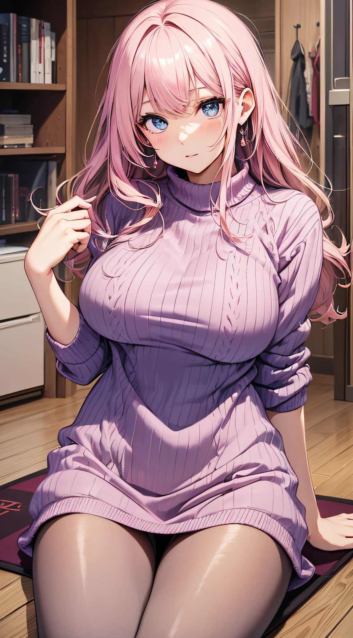 top-quality、Top image quality、masterpiece、girl with((18year old、Best Bust、big bast,Beautiful blue eyes、Breasts wide open, a blond、A slender,Large valleys、Black sweater clothes、White pants、Sit up))hiquality、Beautiful Art、Background with((Nice and clean room.、pink floor mat、Wooden table、tee、Stylish bed)))、,masutepiece、visualart、depth of fields、