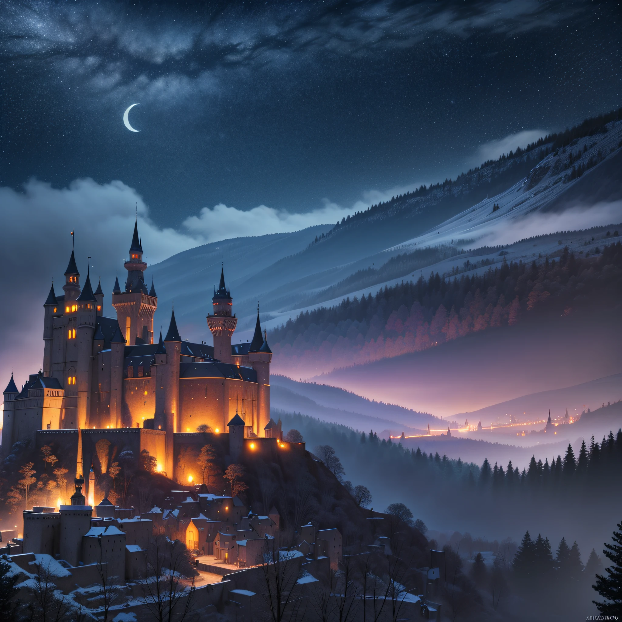 completely dark background (Amoredo), 8K, Realistic, Detailed, Medieval night castle, Night, Knights, Digital Art, Vivid colors, High Sharpness, High quality, High resolution.