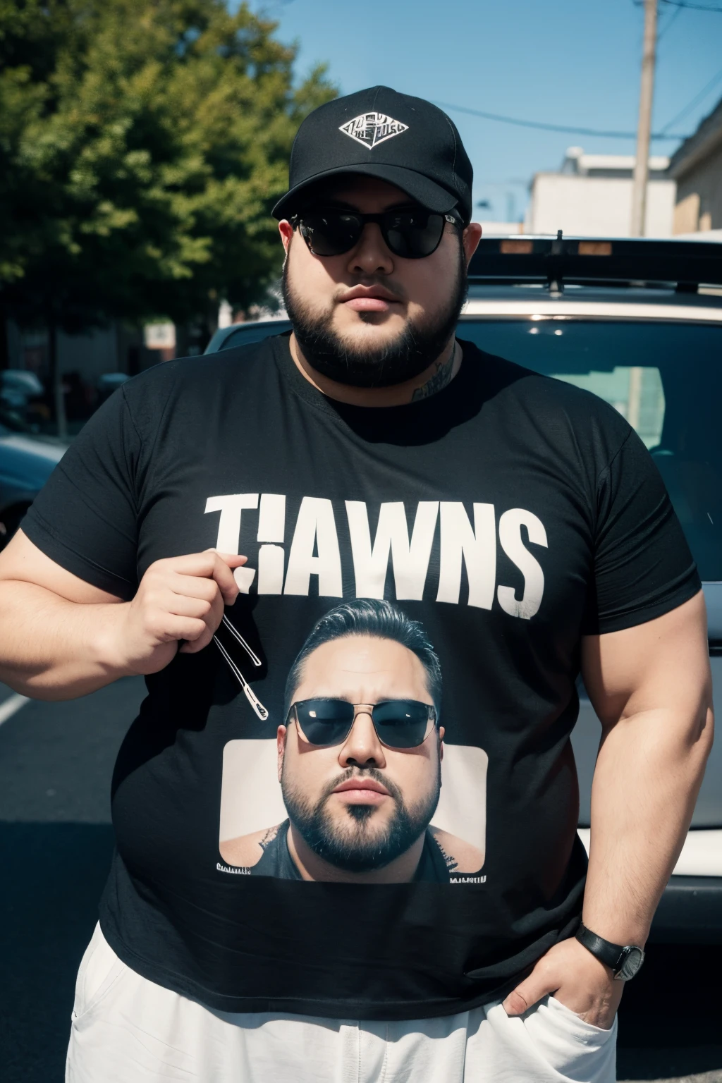 Fat man, wearing sunglasses, has tattoos, wears a black t-shirt with a screenprint that says " FATMANW