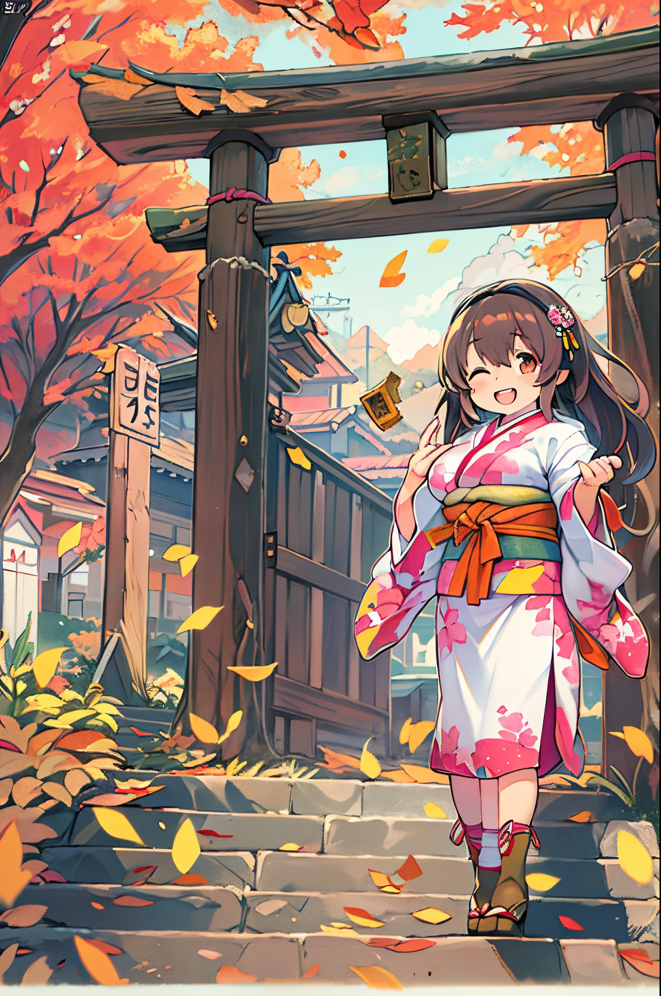 huge-breasted、kawaii、Sunny Clothes、japanese kimono、torii gate,((Oblique angle))、{{close up to face}}、one eye closed、winking、A big smile、bbw、thick thight、big butts、Ultramammy,Chibi, autumn day,kaede、 Pines, Anime Background Art, japanese art style, beautiful anime scene, detailed scenery - width 672, Background art, Anime landscapes, Anime Background, Beautiful anime scenery, Beautiful peace scenes in anime, landscape artwork, Japan Village, Anime landscape concept art, 8K))、a lot of fallen leaves、