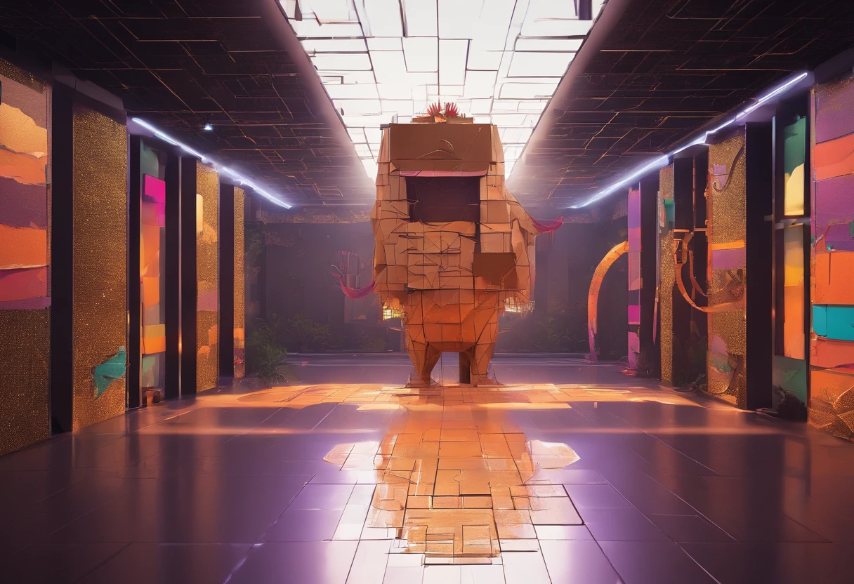 Craft an intricate perfect silhouette capybara composed of rectangular paper cutouts strategically arranged in vivid colors like brown, glitter, violet, orange, and green. Ensure each rectangle is distinctly separated by empty black space, enhancing the emphasis on individual shapes. Set the composition against a solid black background for a striking visual contrast. 8k UHD high detail, 4k HDR cinematic art.