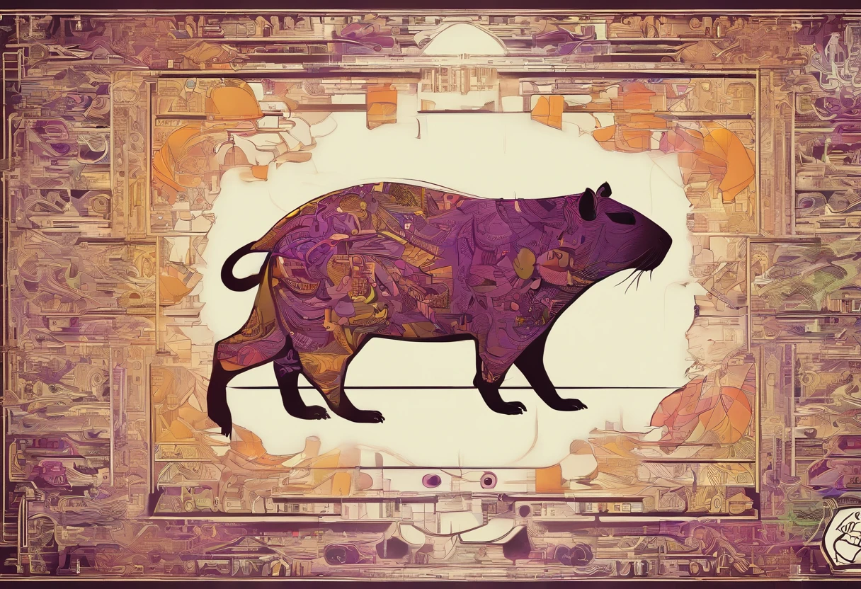 Craft an intricate perfect silhouette capybara composed of rectangular paper cutouts strategically arranged in vivid colors like brown, glitter, violet, orange, and green. Ensure each rectangle is distinctly separated by empty black space, enhancing the emphasis on individual shapes. Set the composition against a solid black background for a striking visual contrast. 8k UHD high detail, 4k HDR cinematic art.