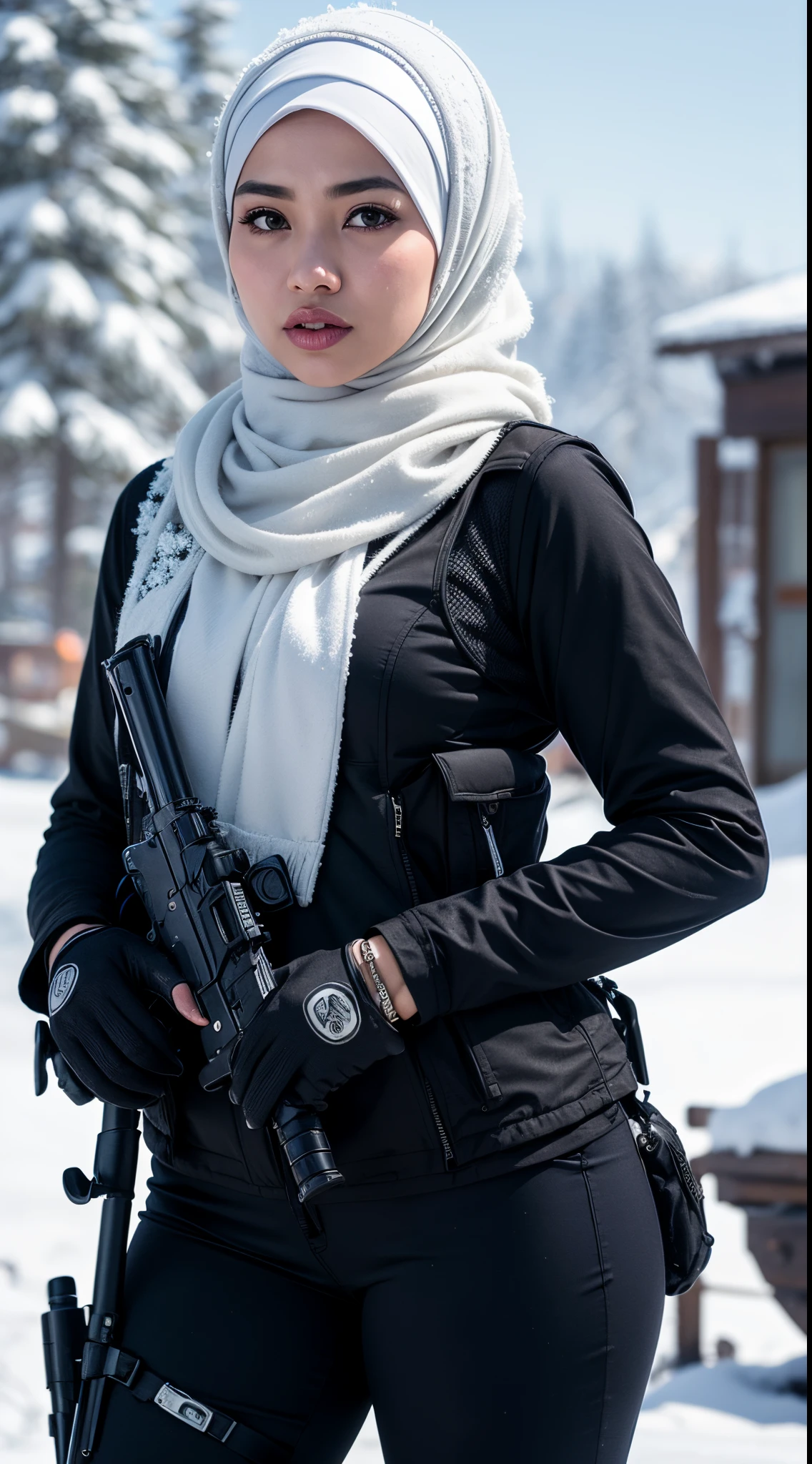 Photorealistic, high resolution, 1 malay woman in hijab, Solo, Hips up, Snow background，view the viewer, (Detailed face), White hijab, SWAT vests, Gun, jewelry