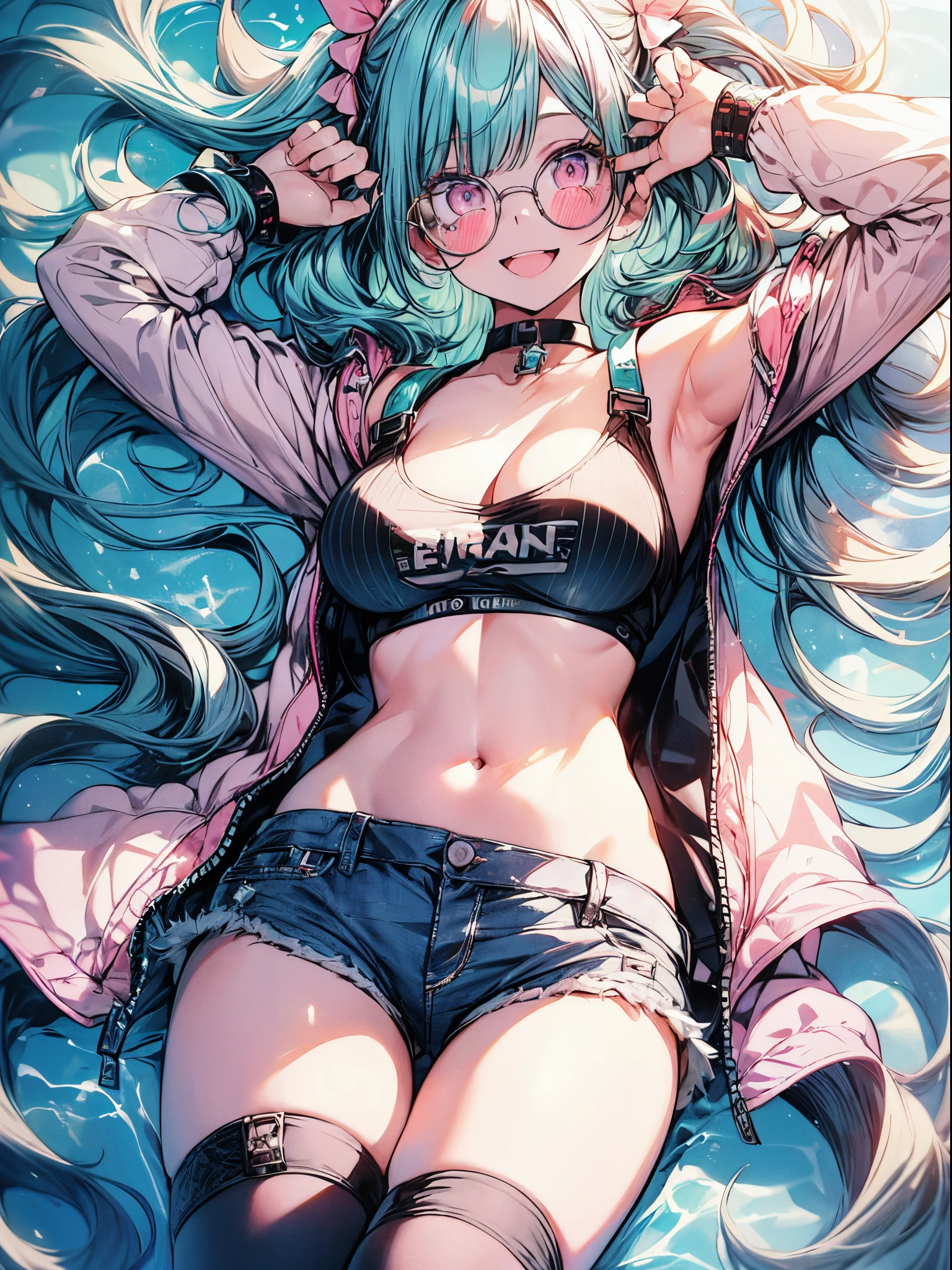 absurderes,Best Quality,Insanely detailed,1 cute lovely girl,Cute smile,Peace,(short drill twin tails:1.2),(aqua hair,Pink eyes:1.2),(Round sunglasses,Pink Lens :1.2),(Smile with open mouth :1.2),croptop,large boob,cleavage,navel stomach,Denim Micro Hot Pants,black and white striped over knee highs,sparkly eyes,Beautiful and detailed eyes,gleaming pale skin,(from above:1.2),put hands on the hip,raise your hands peacefully,(learning forward:1.2),Summer lighting,Cinematic Angel,(American Pop Theme:1.2),Hyper realistic, Perfect Anatomy, Perfect five fingers