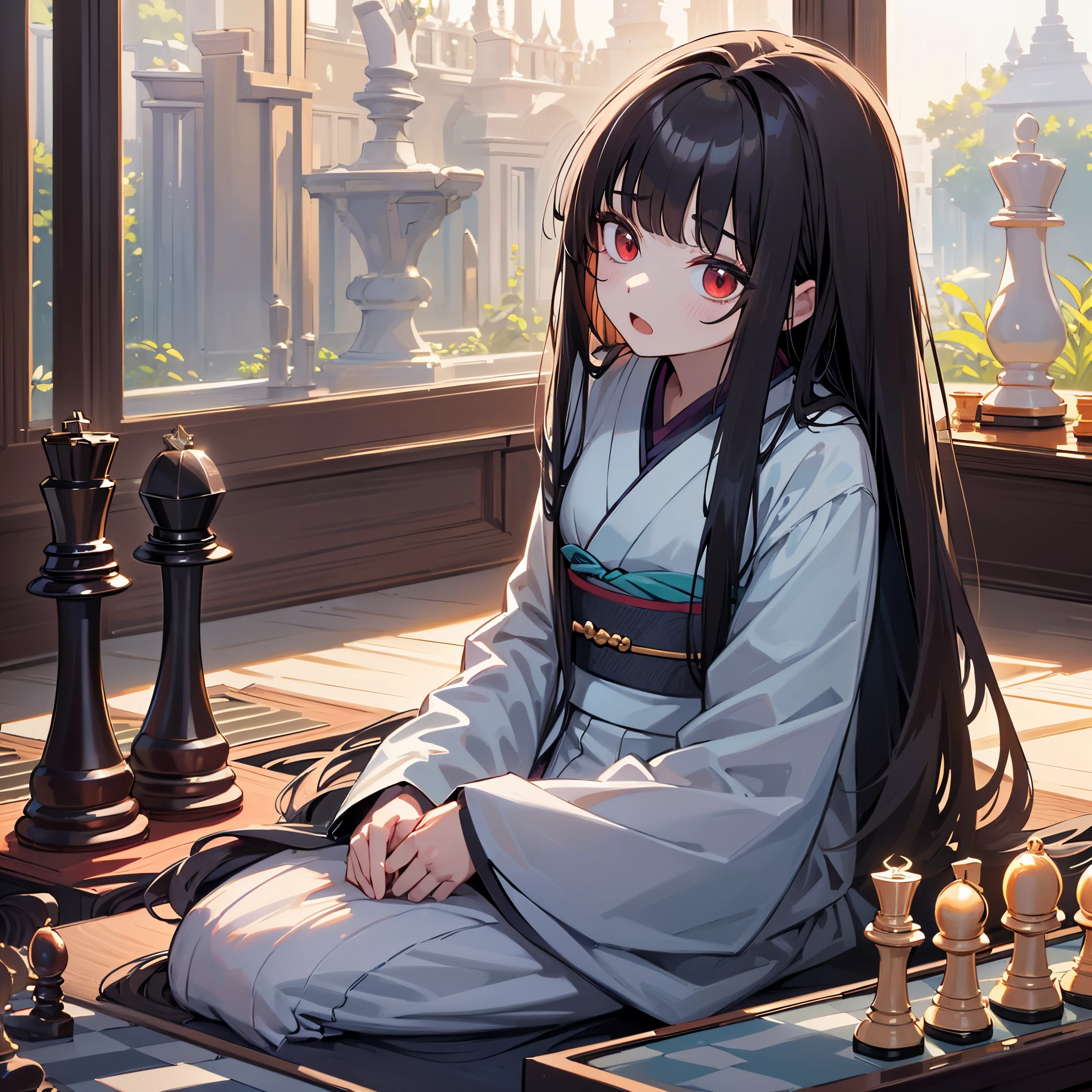 (top-quality), (​masterpiece)、(ultla detailed)、(Beauty alone:1.5)、cute little、offcial art、Desperate face、astonished face、Open mouth、(Chess)、(have chess pieces:1.3)、Maxi length、(Battlefield)、(18year old:1.3)、Medium chest、(A dark-haired:1.5)、(Straight hair:1.5)、(Longhaire:1.5)、Blunt bangs、red eyes、Details, eyes and face、nffsw、upperbody shot、Kimono、Seiza、Bring your arms forward、Indoor、Sitting on the other side of the desk
