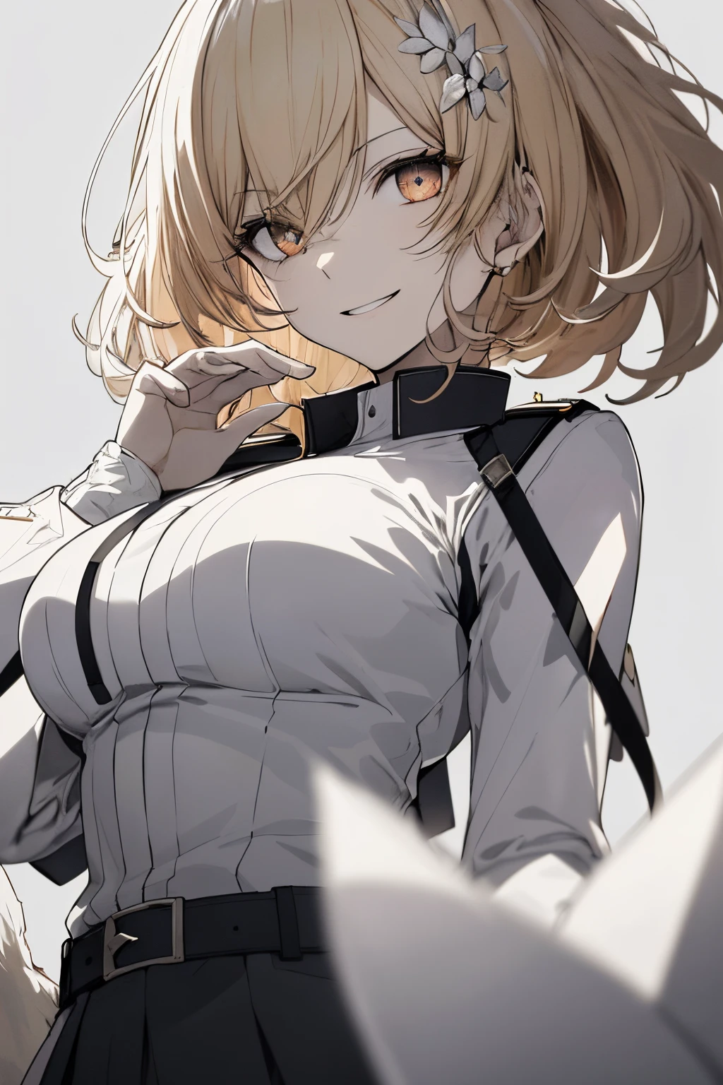 (Super Sexy Pose:1.2), (from below looking up:1.2), 1 girl in, Full body, White one-piece military uniform, (masutepiece:1.2, Best Quality), (finely detailed beautiful eye: 1.2), (beautifull detailed face), High contrast, (Best Illumination, extremely delicate and beautiful), ((Cinematic Light)), Dramatic light, Intricate details, dark orange eyes, Undersized boobs, Belt under boobs, White military uniform, White skirt,blonde  hair, Black tie,  (Pale white background:1.5), Wolf cut hair, accurate hands, Look at me and smile, ruddy skin