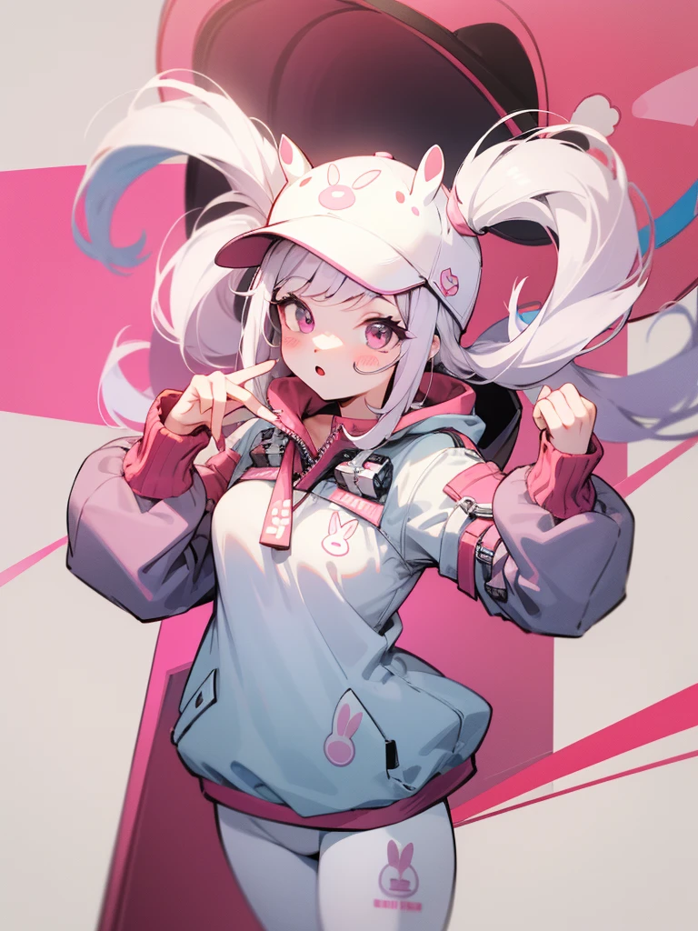 Alice Bunny、parka、Hats、White leggings、floating hair ornament、hightquality、Colorful color palette、high-level image quality、Kawaii Girl、Unprecedented amount of drawing、anime styled、Geometric pattern background、front facing、sticker style